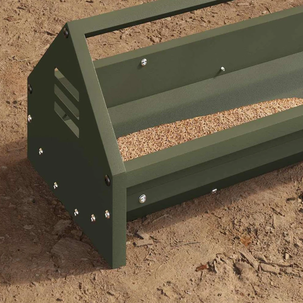 Comedero gallinas de acero verde oliva 108 x 20,5 x 20 cm, gran tamaño con barra transversal y agujeros de drenaje, para gallinero interior y exterior