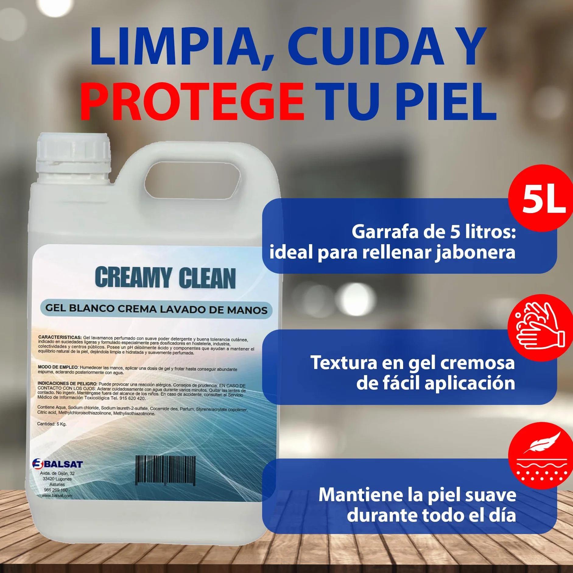 BALSAT Jabón de Manos CREAMYCLEAN Garrafa 5L Gel Neutro Dermoprotector Lanolina