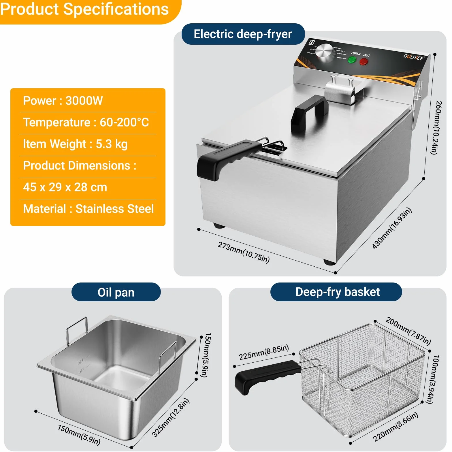 Freidora Eléctrica Industrial 6L,Fritidora eléctrica profesional de acero inoxidable de 3000 W con regulación de temperatura entre 60 y 200 °C, con tapa para uso doméstico y comercial