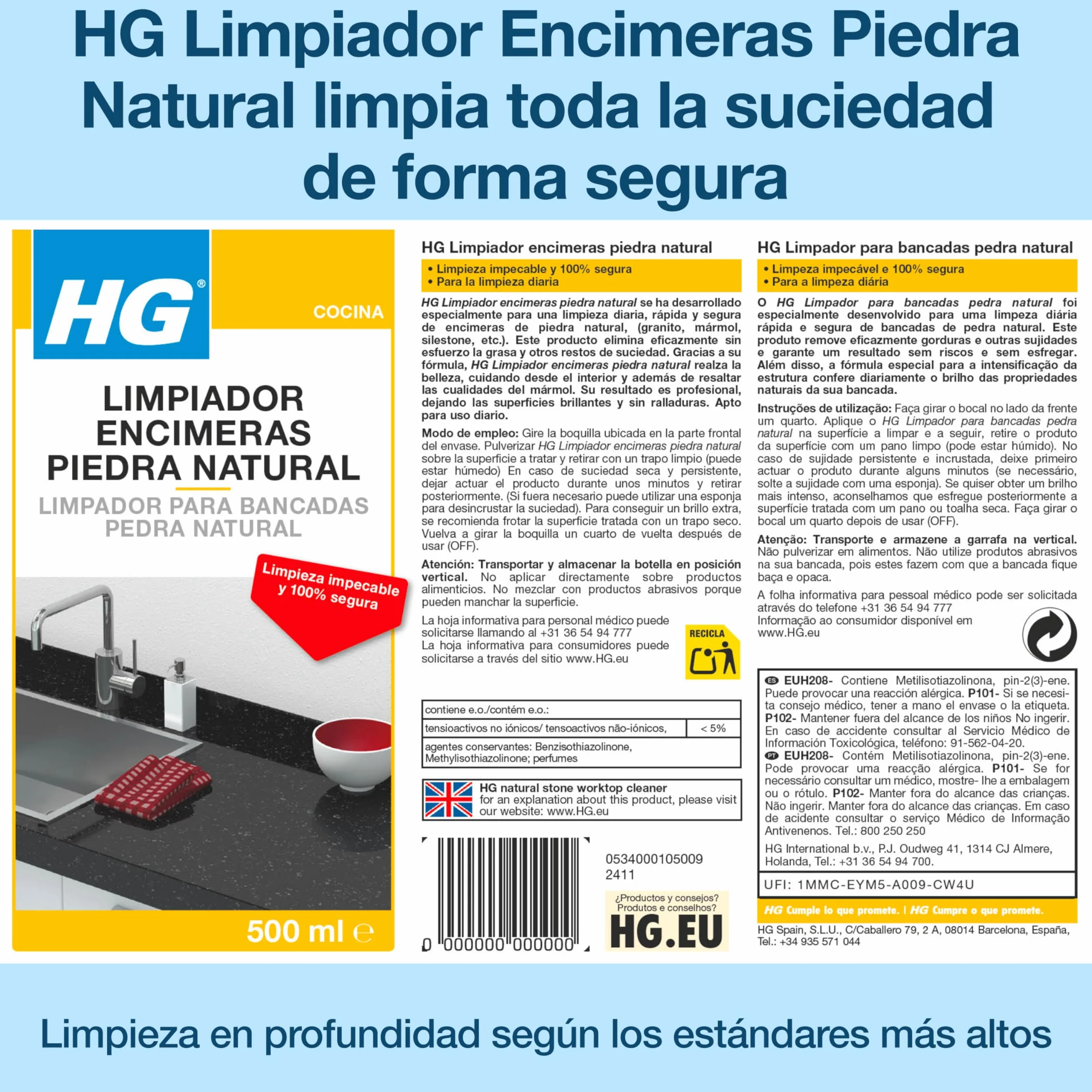HG Limpiador Encimeras Piedra Natural 500 ml Quitamanchas Cuarzo Granito Mármol