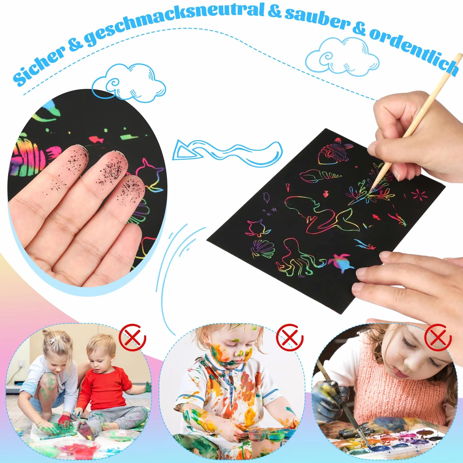 Juego de Papel Rascador Arco Iris, 70 Hojas Imágenes para Rascar con 7 Lápices y 3 Plantillas, Libro Mágico para Niños y Adultos