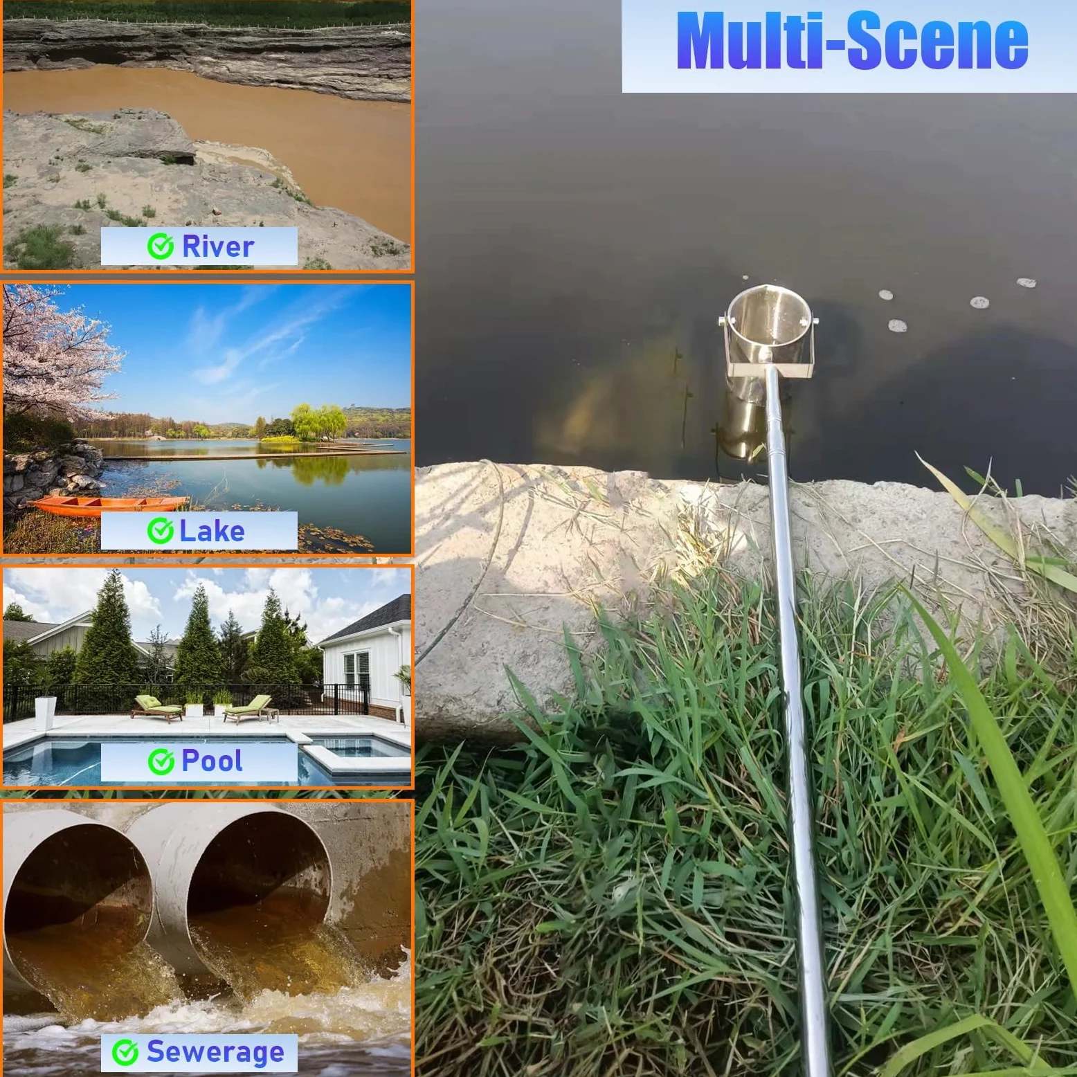 Juego de muestras de agua con poste telescópico, vaso de muestras de péndulo, doble escala, acero inoxidable 304 para estanques, lagos, ríos, pruebas de alcantarillado