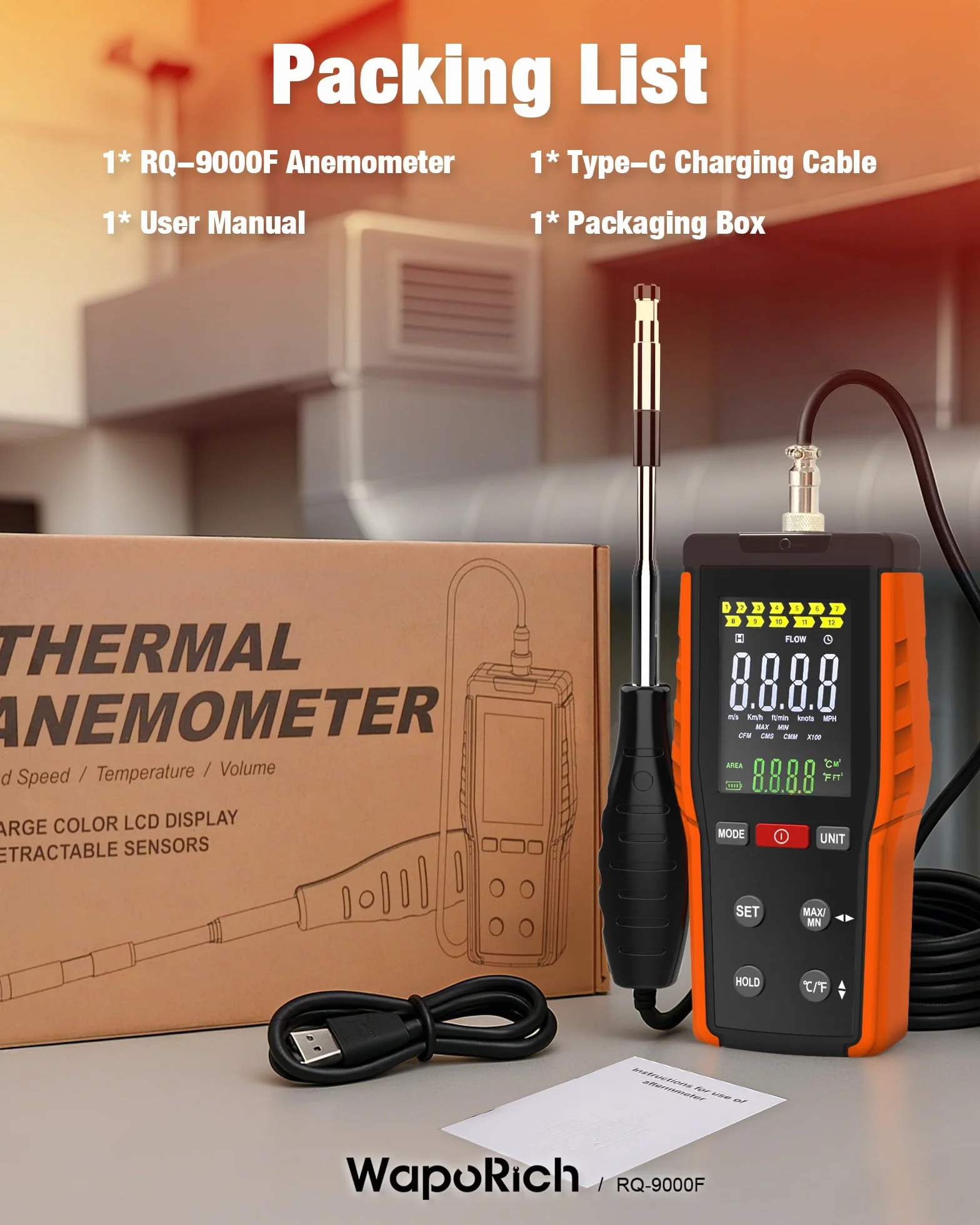 Anemómetro de Hilo Caliente Digital RQ-9000F Medidor Velocidad de Viento CFM CMM CMS Temp HVAC Kitesurf