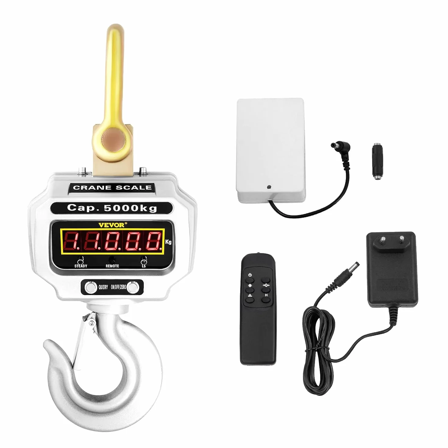 VEVOR Báscula de Grúa Electrónica 5.000 kg, Escala con Gancho Resistente, Clase de Precisión OIML III, Rango de Temperatura -10 a 40 ℃, Duración de la Batería Más de 60 Horas, 26,5 x 22 x 75 cm