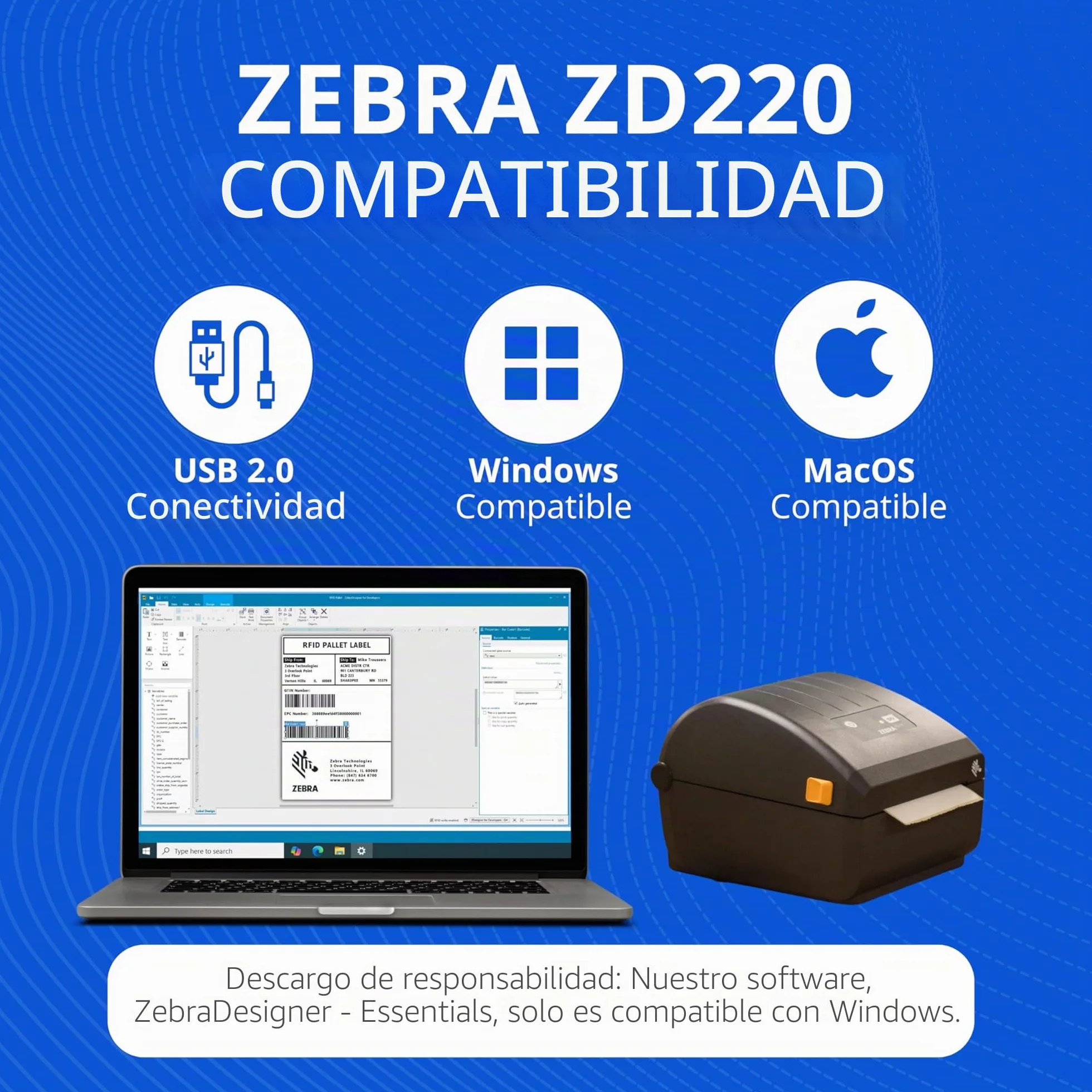 Zebra Impresora térmica Directa ZD220 estándar EZPL USB