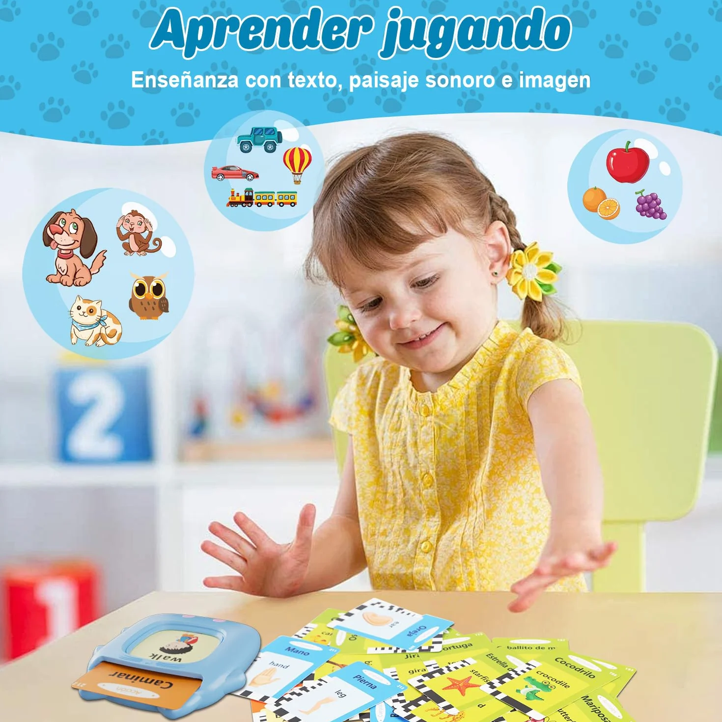 Electight Tarjetas Flash Parlantes Juguetes Educativos para Niños 3+ Años 224 Palabras 112 Tarjetas Doble Cara Bilingües Azul