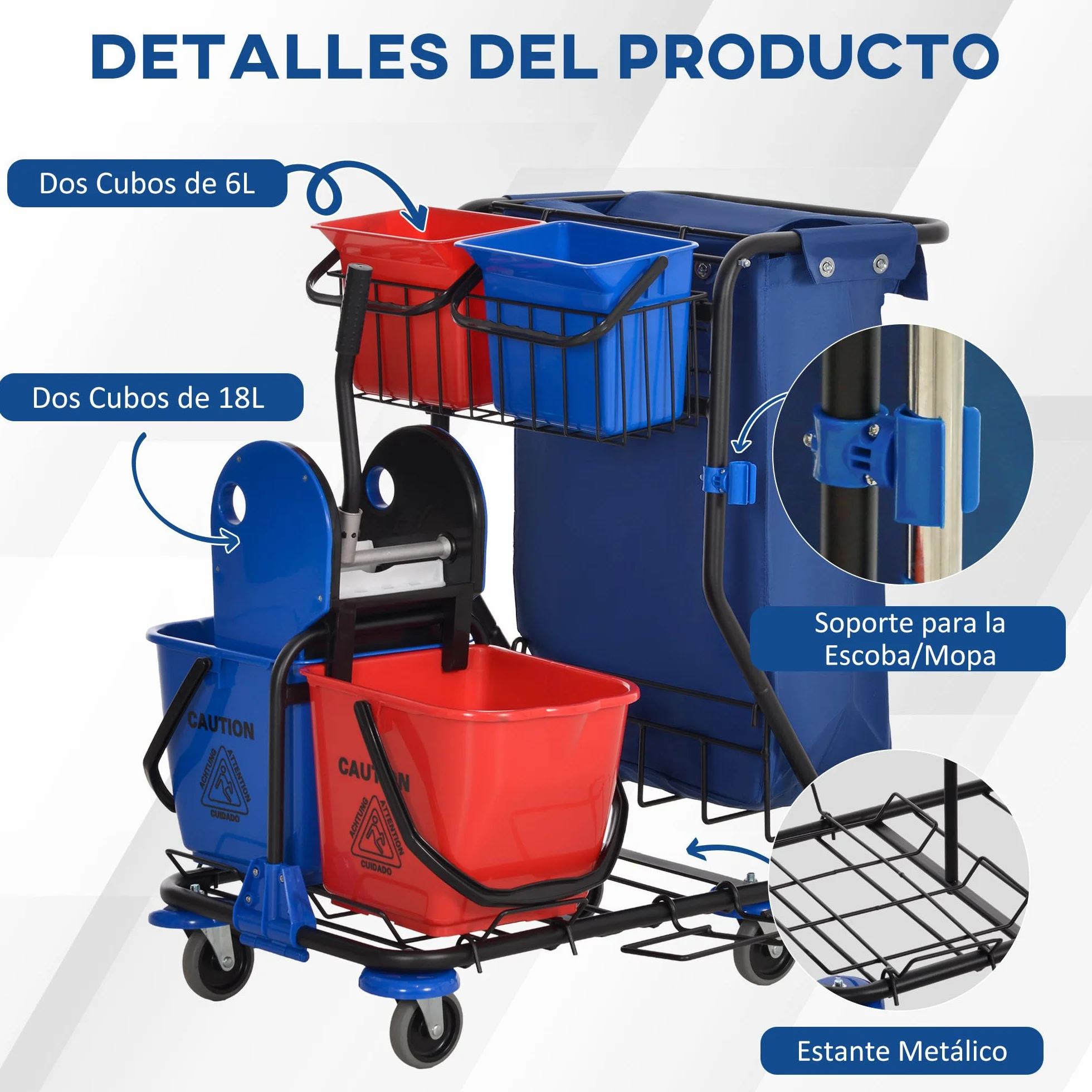 HOMCOM Carro de Limpieza con Bolsa de Basura Carro de Servicio con Doble Cubo de 18 litros Escurridor de Prensa 2 Cubetas Auxiliares 93x80x97 cm Rojo y Azul