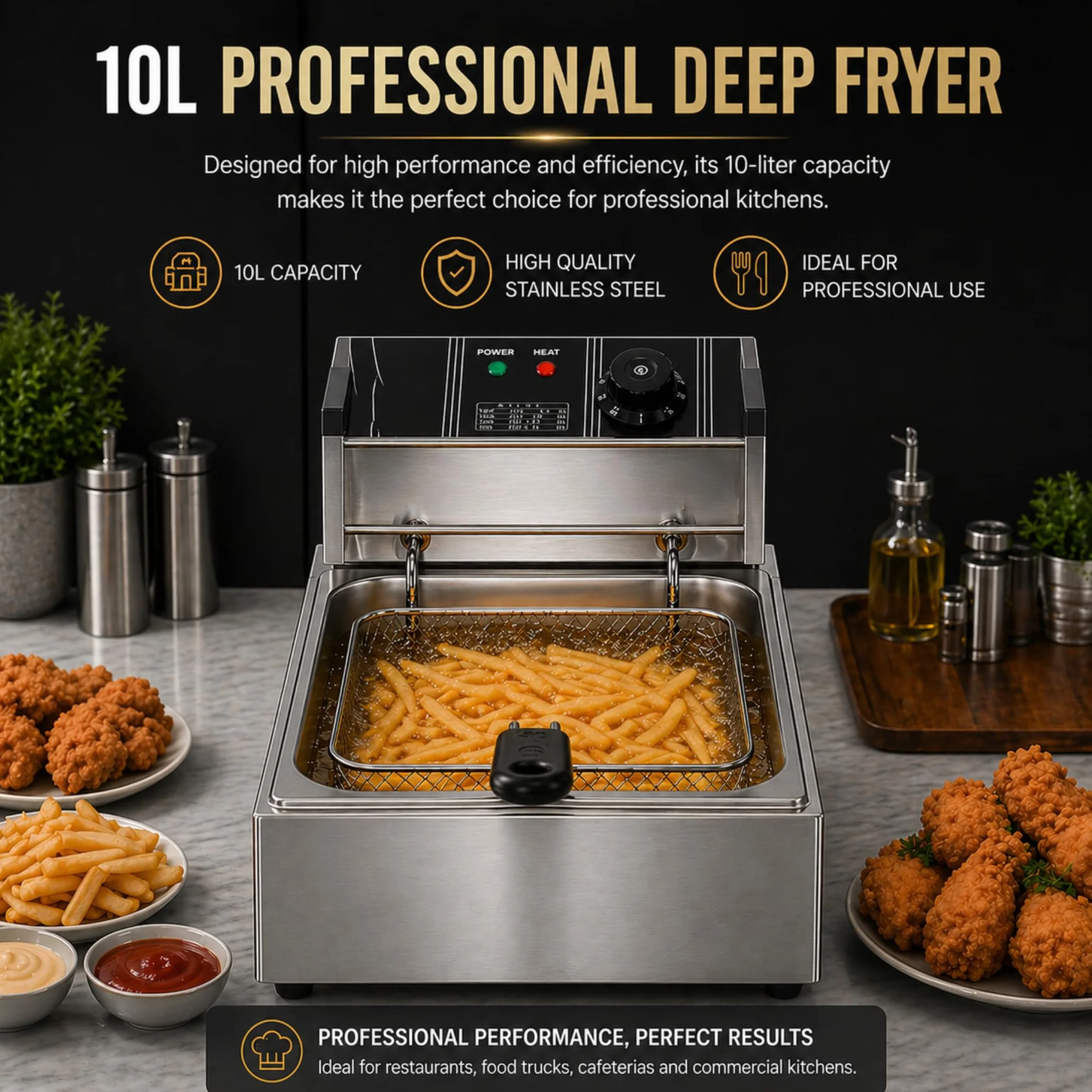 Freidora Profesional 10L de Acero Inoxidable, con Control de Temperatura con Sonda, Cesto de Malla Reforzada Duradero, Indicador de Encendido. Uso en Hostelería y Cocina Doméstica