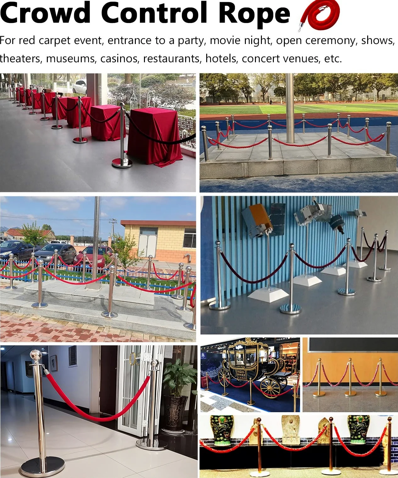 Paquete de 2 soportes de cuerda de terciopelo, barrera de control de multitudes de 10 pies, línea de cola roja y negra con postes resistentes para eventos, entradas y fiestas, cordones de terciopelo