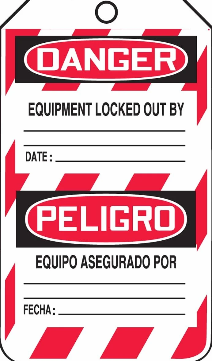 Accuform TSP105PTP Etiqueta de bloqueo bilingüe español 14,5 cm x 8,25 cm RP-plástico rojo/negro
