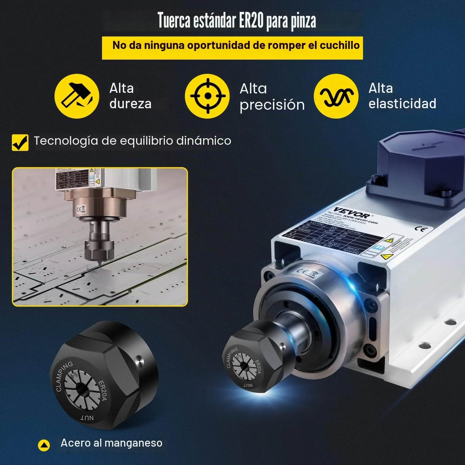 VEVOR Motor de Husillo Refrigerado 2,2 kW 24000 rpm Motor Refrigerado por Aire ER20 Motor de Husillo Cuadrado Refrigerado para Máquinas de Grabado o Variador de Frecuencia y Materiales de Aplicación