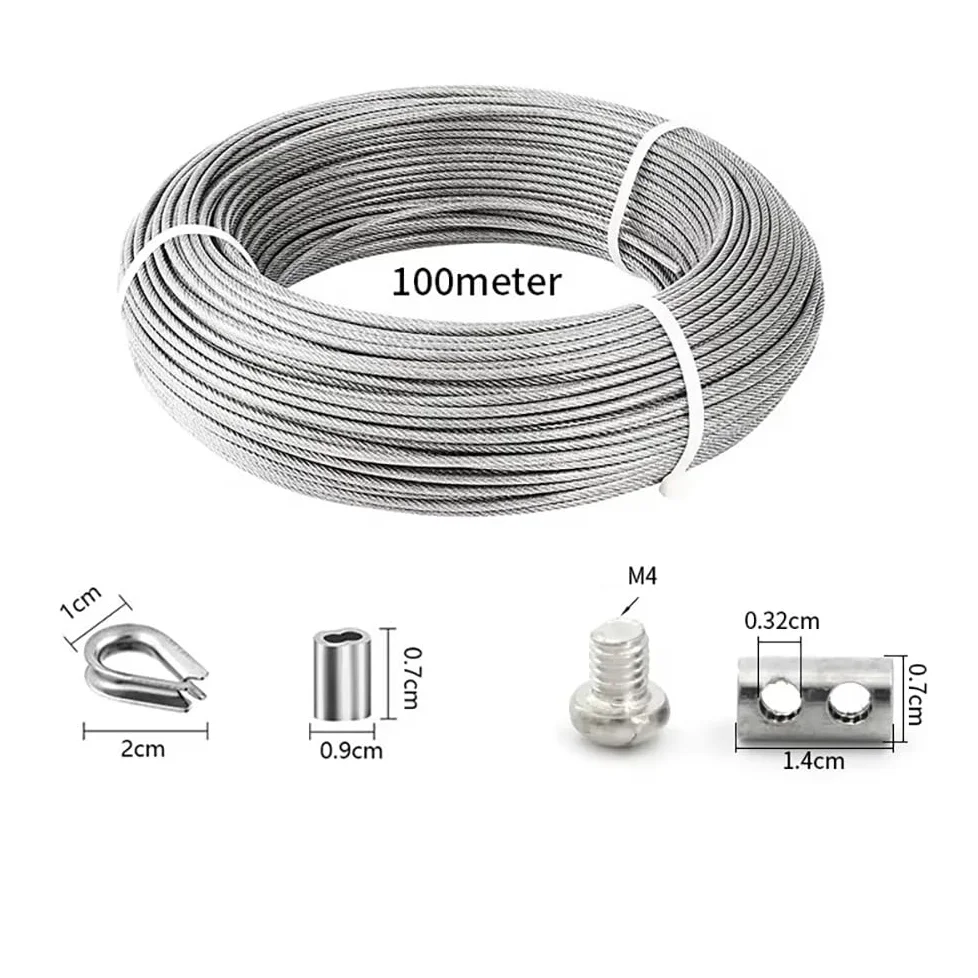 NEWFUN 100M Cable Acero, Cable Acero 3mm, Cable de Acero Inoxidable con Manguito de Engarce y Guardacabos Para Tensar Vallas, Cables de Suspensión de Lámparas de Exterior, Cables para Cortinas