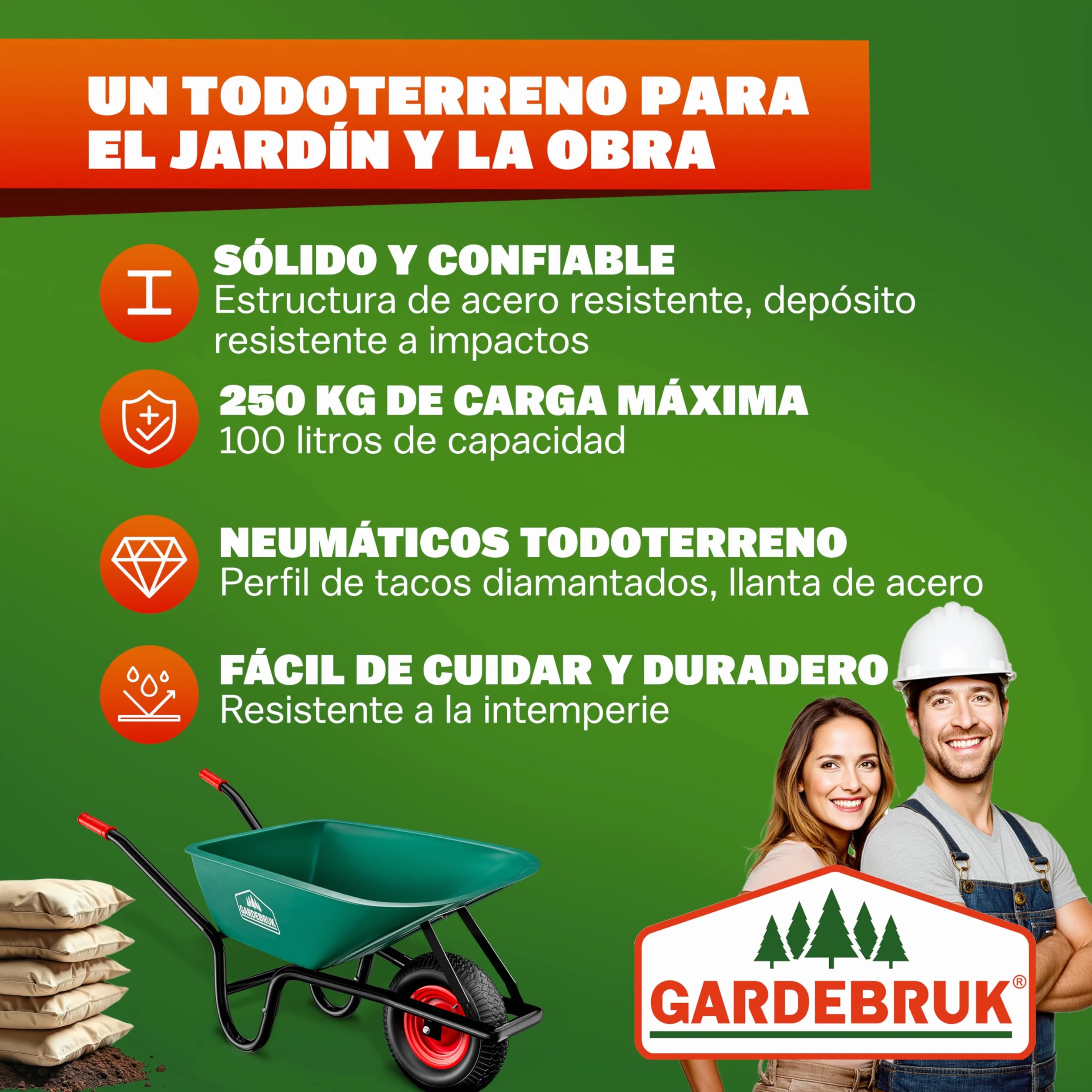 GARDEBRUK® Carretilla de Jardín 100L 250KG Llanta Acero Resistente Todoterreno