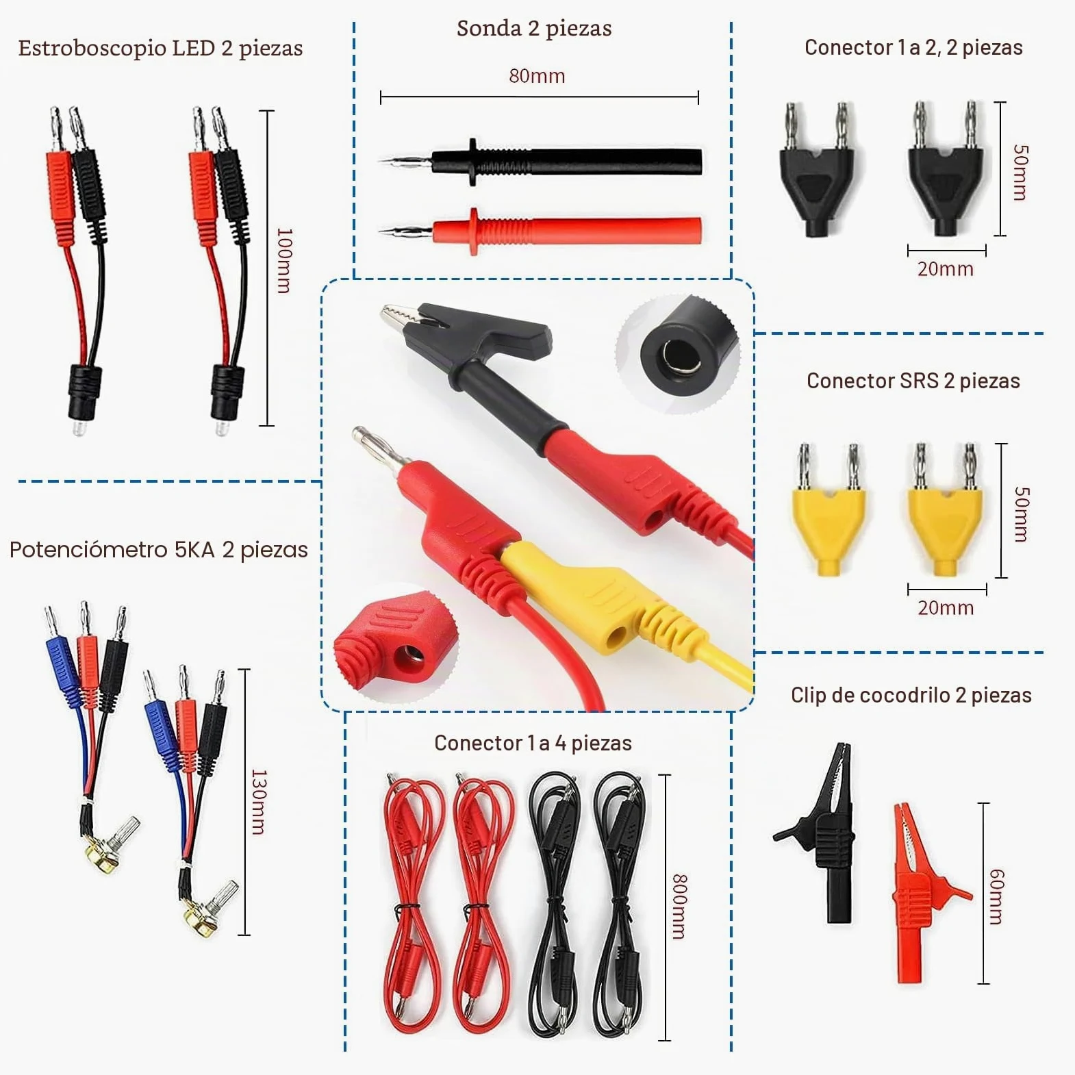Kit de Cables de Prueba de Multímetro Eléctrico 92 | Kit de Cables de Prueba de Circuito, Automotriz Multifunción con 72 Terminales, Pinzas de Cocodrilo y Sondas de Prueba