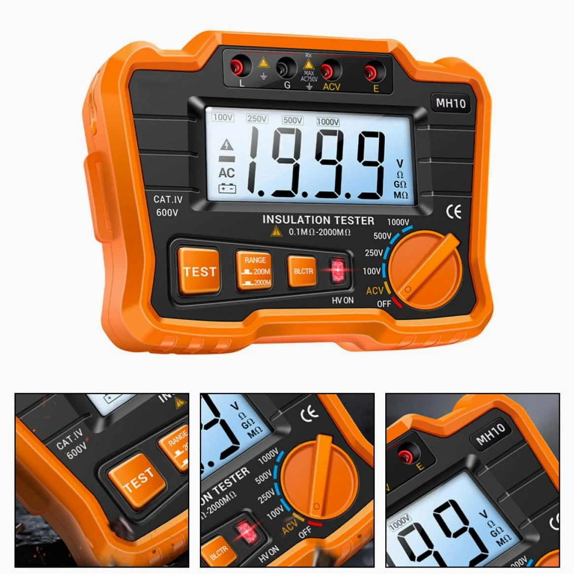 Kichvoe Probador Digital de Resistencia de Aislamiento y Múltiple Salida de Voltaje Pantalla Lcd Retroiluminada Carcasa de Abs para Pruebas y Reparaciones
