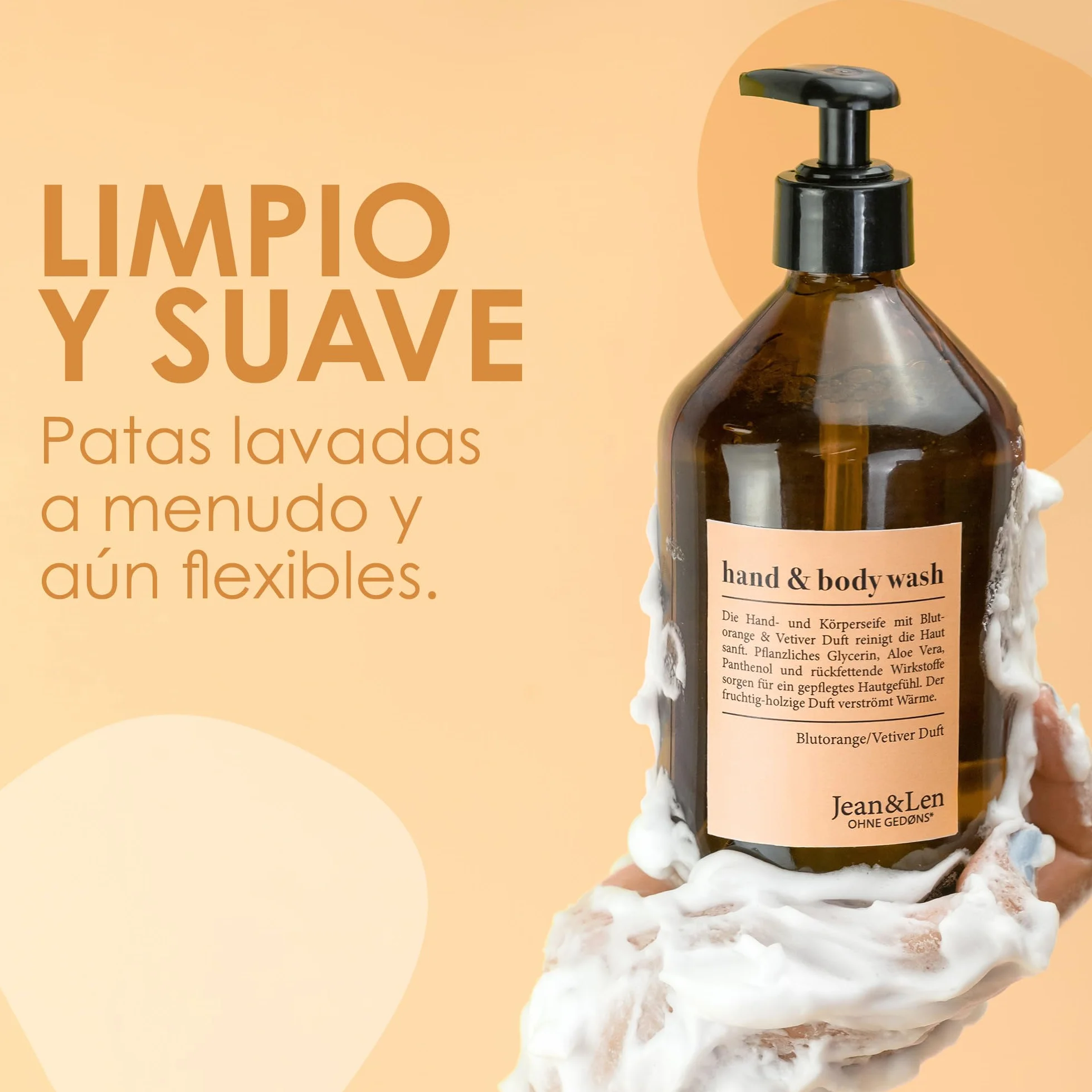 Jean & Len Hand & Body Wash Naranja sanguina y vetiver, jabón líquido en recarga, vegano, 1,5 L