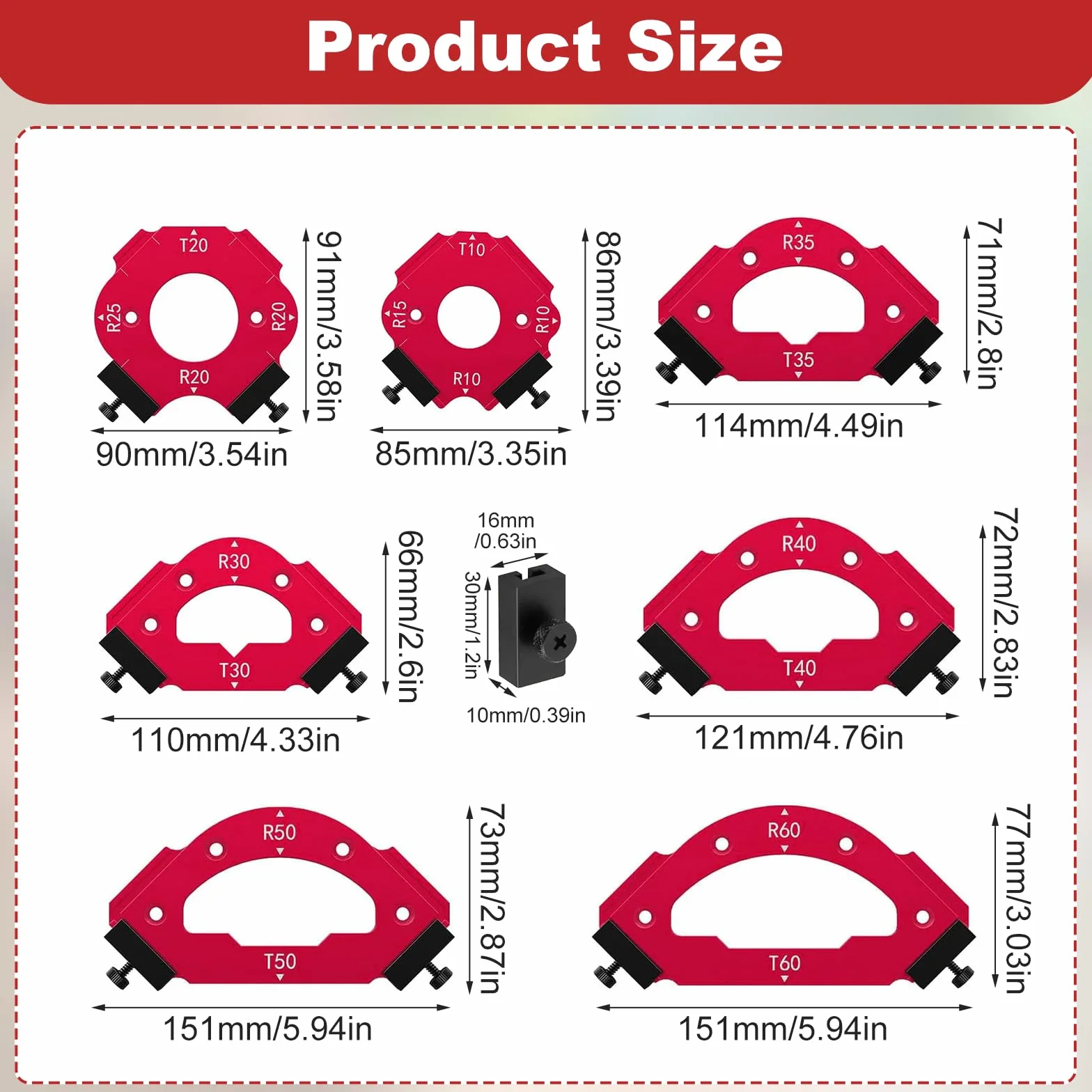 Radius Juego de 7 plantillas de fresado de radio de esquina de aluminio R10-R60 T10-T60 con topes dobles
