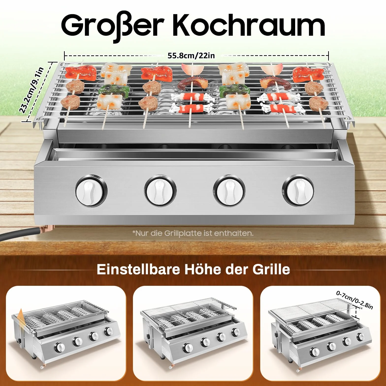 Barbacoa de gas, 4 quemadores, barbacoa de mesa, altura regulable 0-7 cm, encendido electrónico, asador de gas de acero inoxidable para camping, fiestas