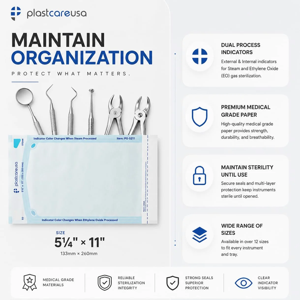 Getue 200 5.25 x 10 Self-Sterilization Pouches for Cleaning Tools, Autoclave Sterilizer Bags for Dental Offices, Pouch for Dentist Tools, 200 Bolsas, 1 Box of Paper Blue Film…