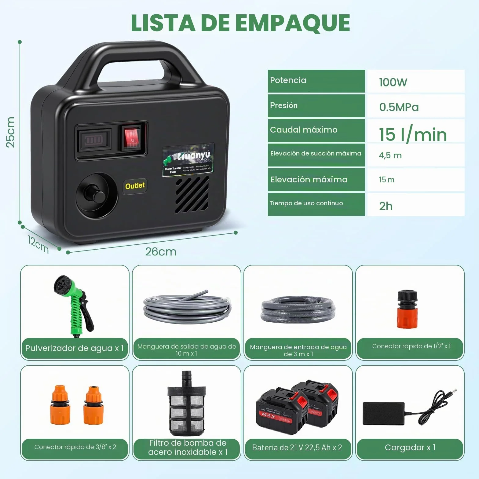 Huanyu Bomba Inalámbrica de Transferencia de Agua Bomba de Agua a Batería con 2x22500mAh 21V Baterías Bomba Eléctrica Portátil con Kit de Manguera de Agua Larga para Riego y Limpieza