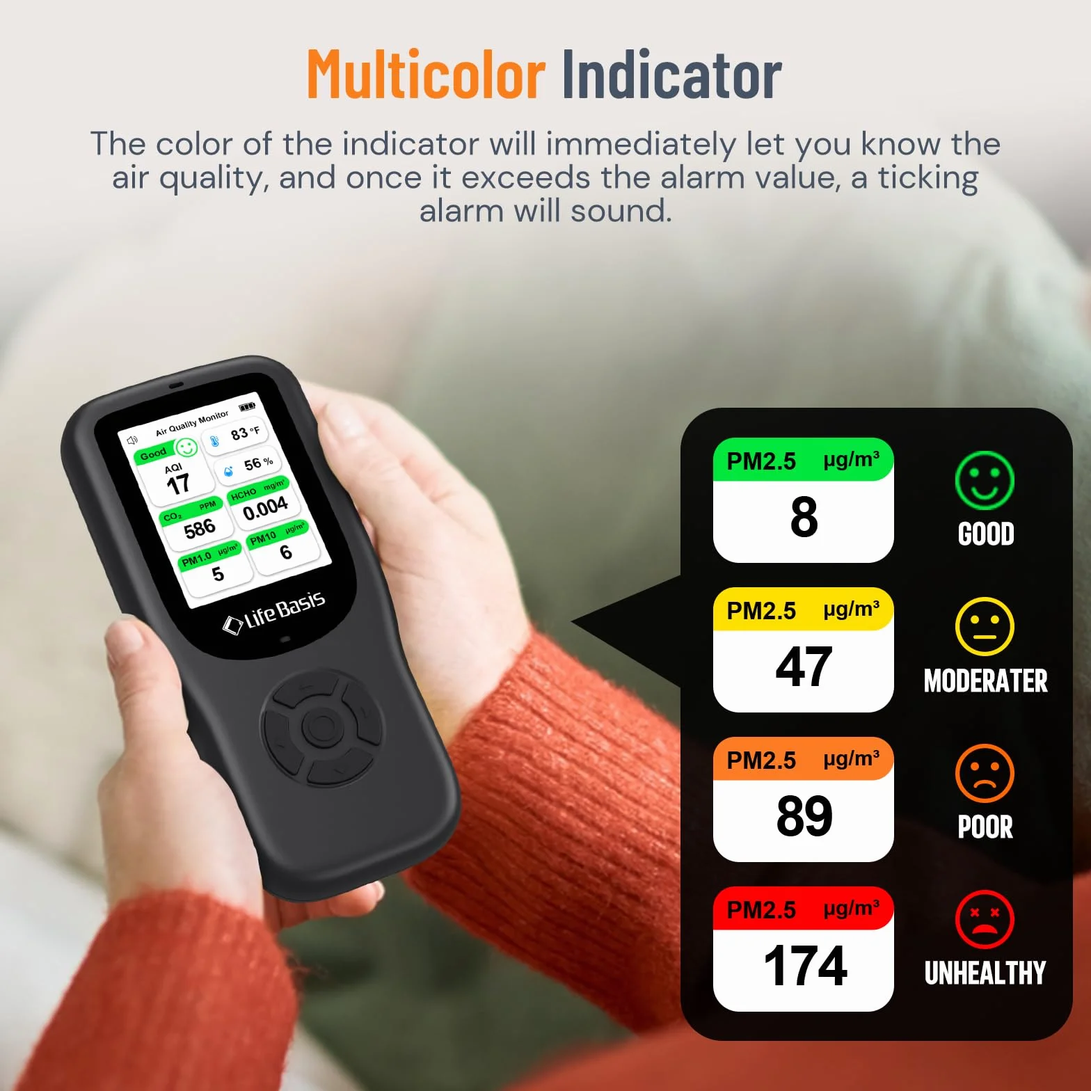 LifeBasis Medidor Calidad Aire 10 en 1 Detector de Gas Recargable con Soporte Medidor CO2,AQI, PM1.0, PM2.5, PM10, TVOC, HCHO, Partículas, Temperatura y Humedad para Hogar Oficina Escuela