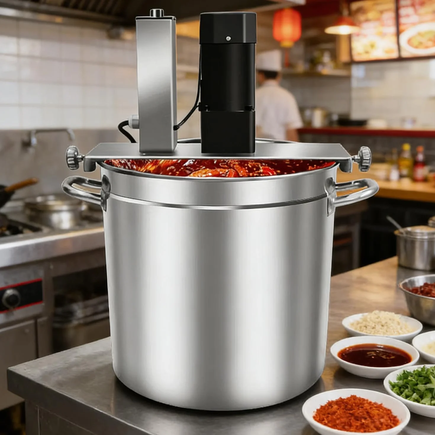 Olla Caliente Mezcladora Automática, Acero Inoxidable, Raspador de 4 Cuchillas, Velocidad Regulable, Máquina para Freír Salsas y Condimentos para Restaurantes, Hoteles y Fábricas 60L
