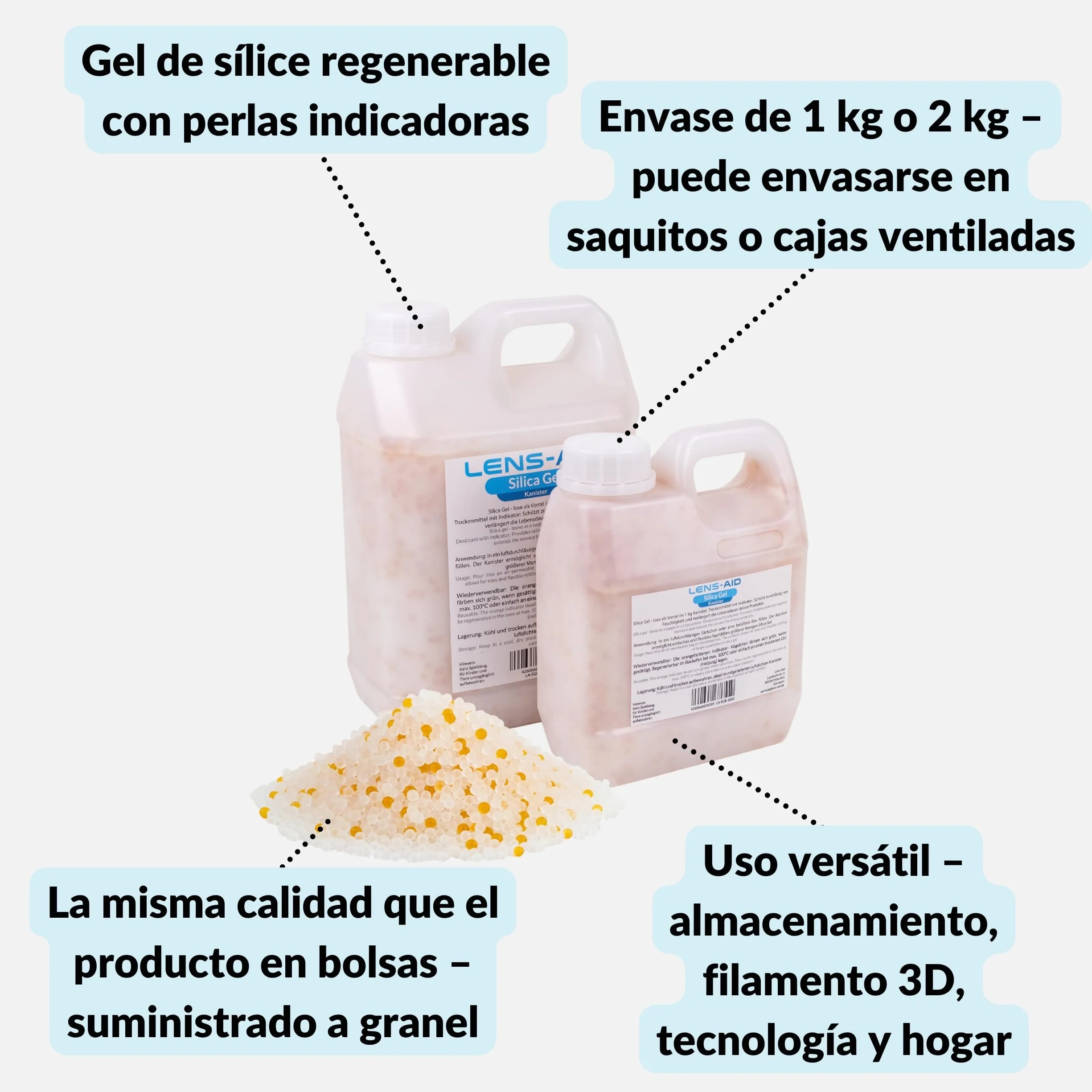 Lens-Aid Silica Gel 2 kg Desecantes Regenerables con Indicador de Color Naranja-Verde Control de Humedad para Filamentos 3D