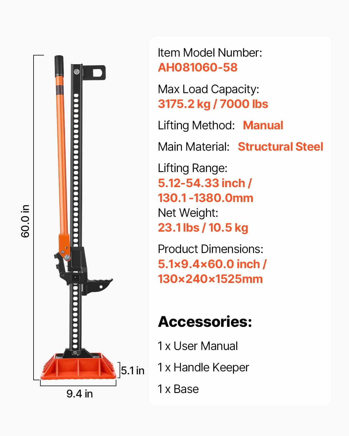 VEVOR Gato Agrícola con Base 153 cm con Elevación Alta y Trinquete Carga Máxima de 3,18 T para Uso Todoterreno de Alta Resistencia con Rango de Elevación de 130,1-1380 mm para Tractor, Camión, SUV