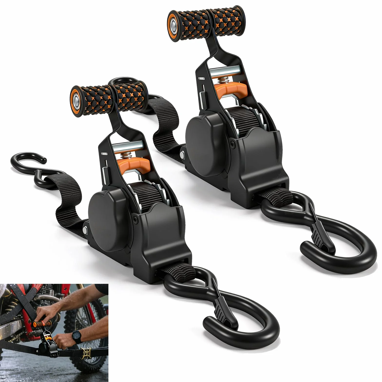 Correas tensoras autoenrollables 2 Unidades 3 m x 25 mm Gancho en S Resistencia 680 kg para Camiones