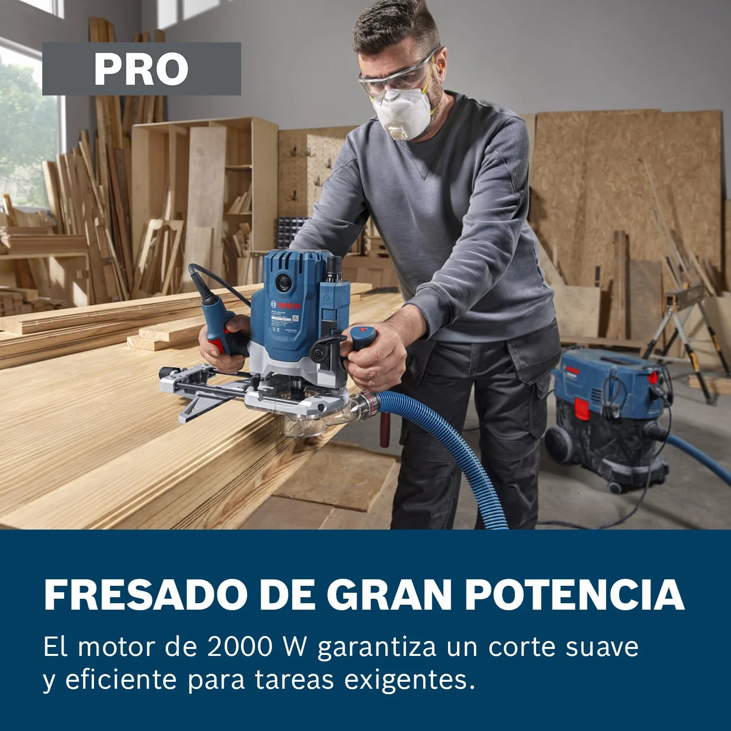 Bosch Professional Fresadora con cable GOF 20-12 (potencia absorbida de 2000 W, incl. aspiración de polvo, guía de rodillos y paralela, pasador de centrado, llave de vaso, set de pinzas)