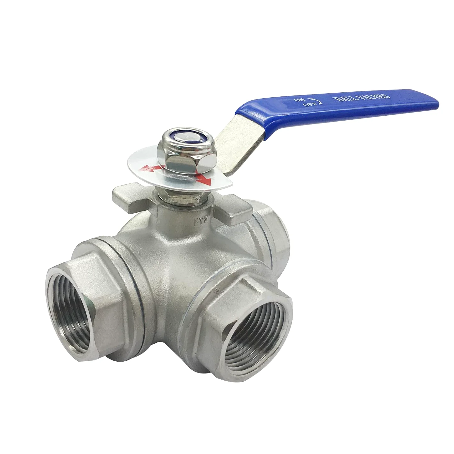 Beduan Válvula de bola de 3 vías de acero inoxidable 304 T, almohadilla de montaje tipo hembra para agua, aceite, combustible y gas con mango de bloqueo de vinilo (1 pulgada NPT)