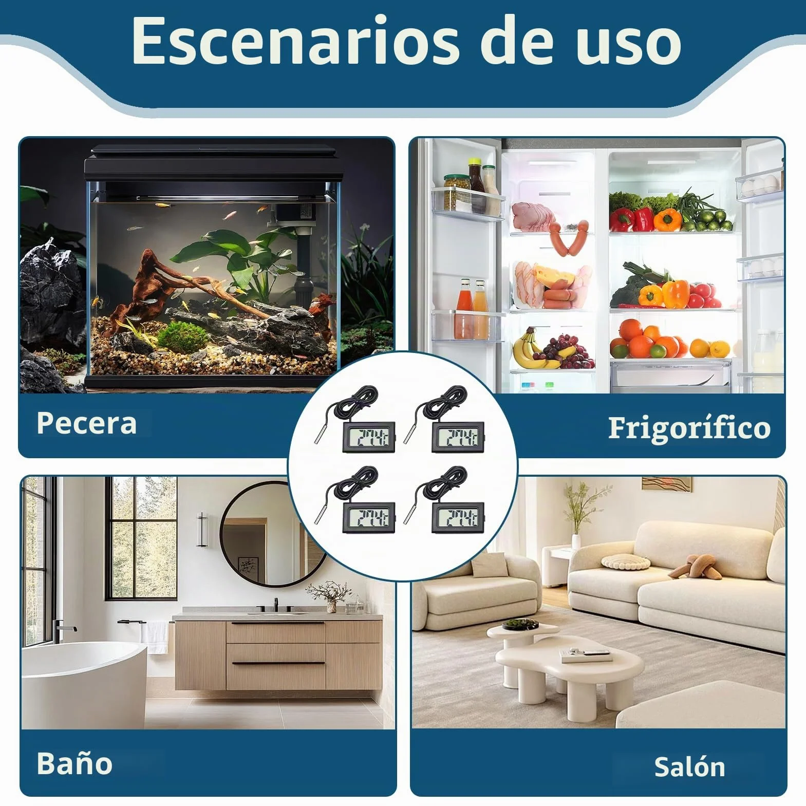 Termómetros frigoríficos 6 piezas, termómetro de acuario con sonda, mini termómetro digital LCD impermeable con función de memoria
