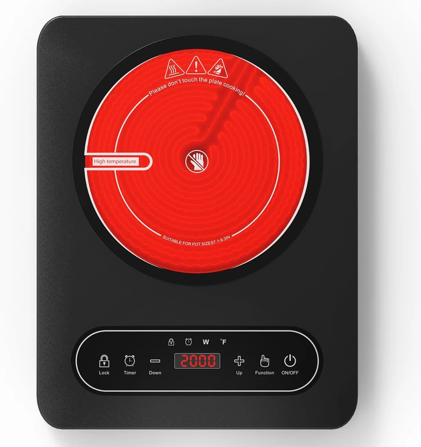 Placa Vitrocerámica Portátil 2000W 10 Niveles Temporizador 220V~240V Bloqueo Seguridad Controles Táctiles