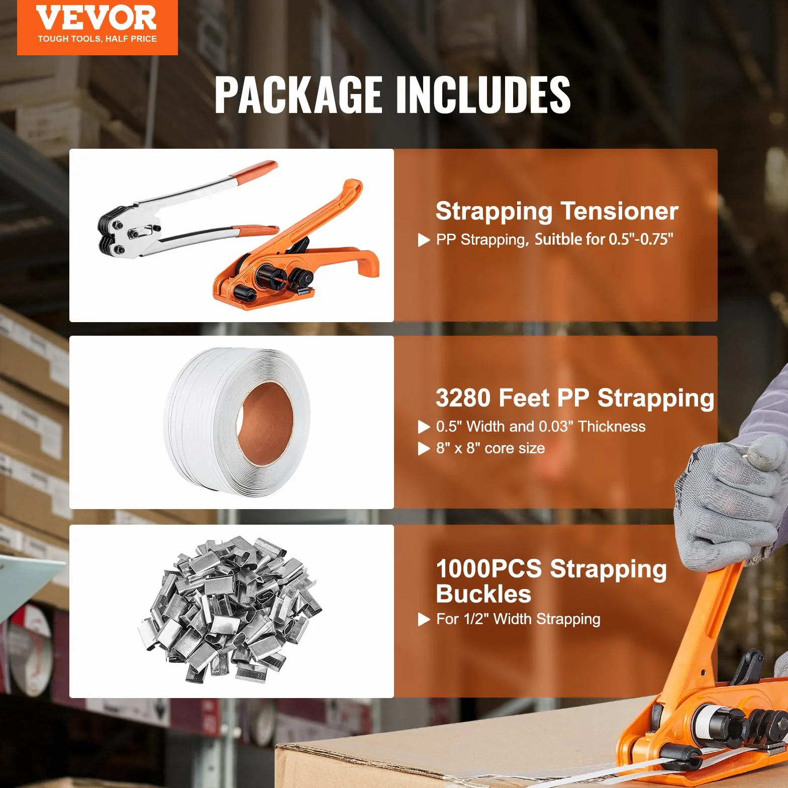 VEVOR Kit de flejado con herramienta tensora y selladora, banda PP 3280 pies, 1000 sellos metal, embalaje paletas