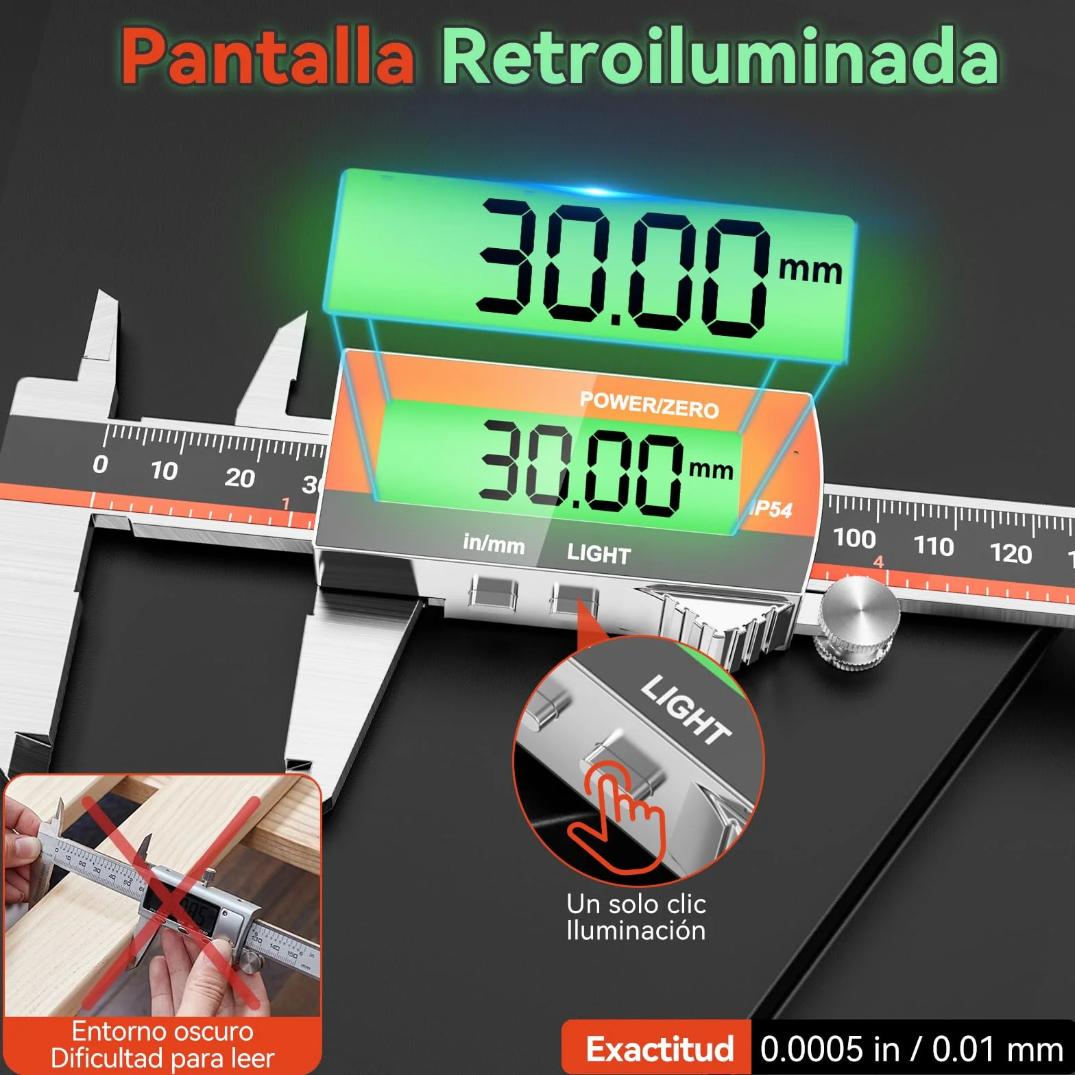 Preciva Calibre Digital Recargable Pie de Rey Electrónico Pantalla LCD Retroiluminada Acero Inoxidable Micrómetro Preciso USB
