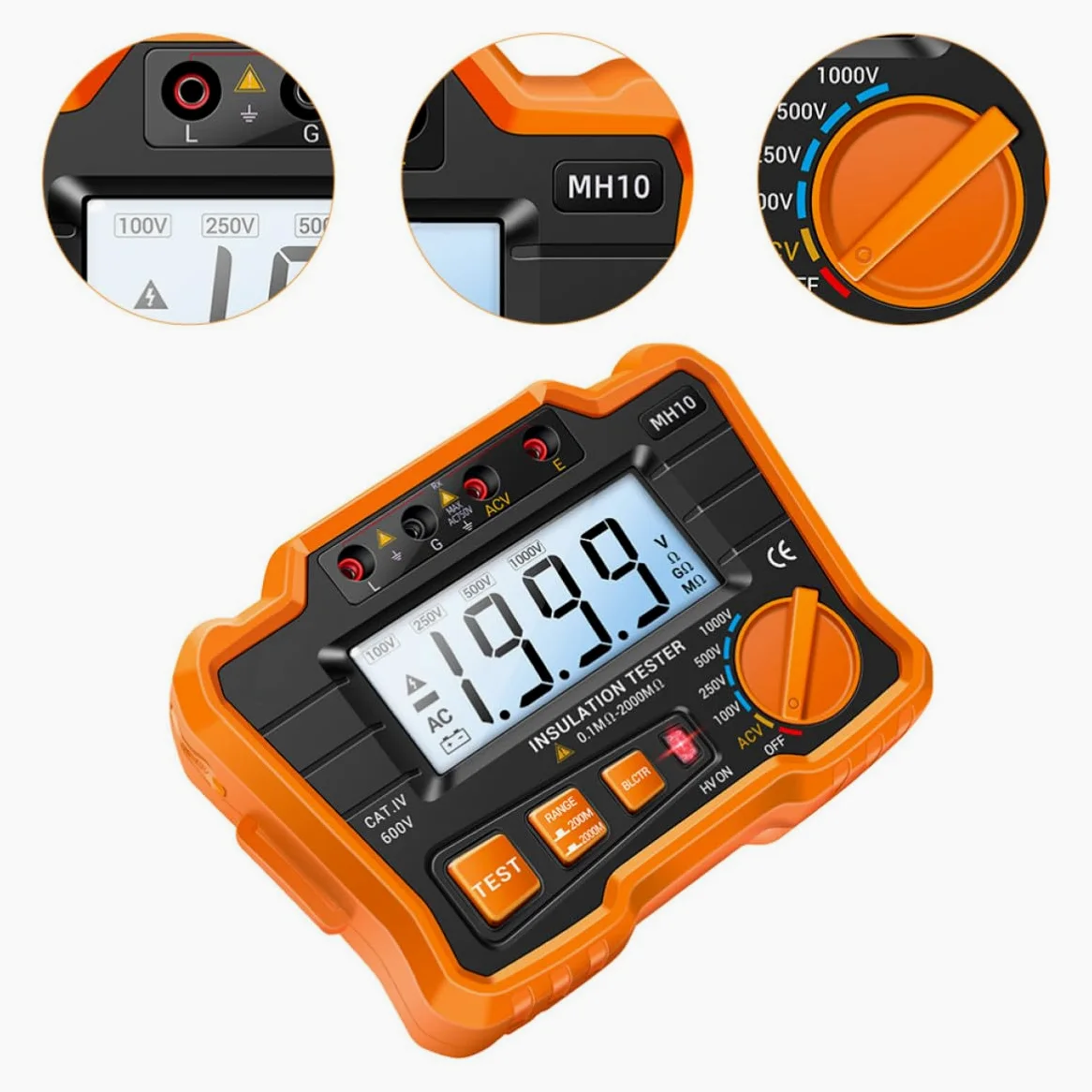 Kichvoe Probador Digital de Resistencia de Aislamiento y Múltiple Salida de Voltaje Pantalla Lcd Retroiluminada Carcasa de Abs para Pruebas y Reparaciones