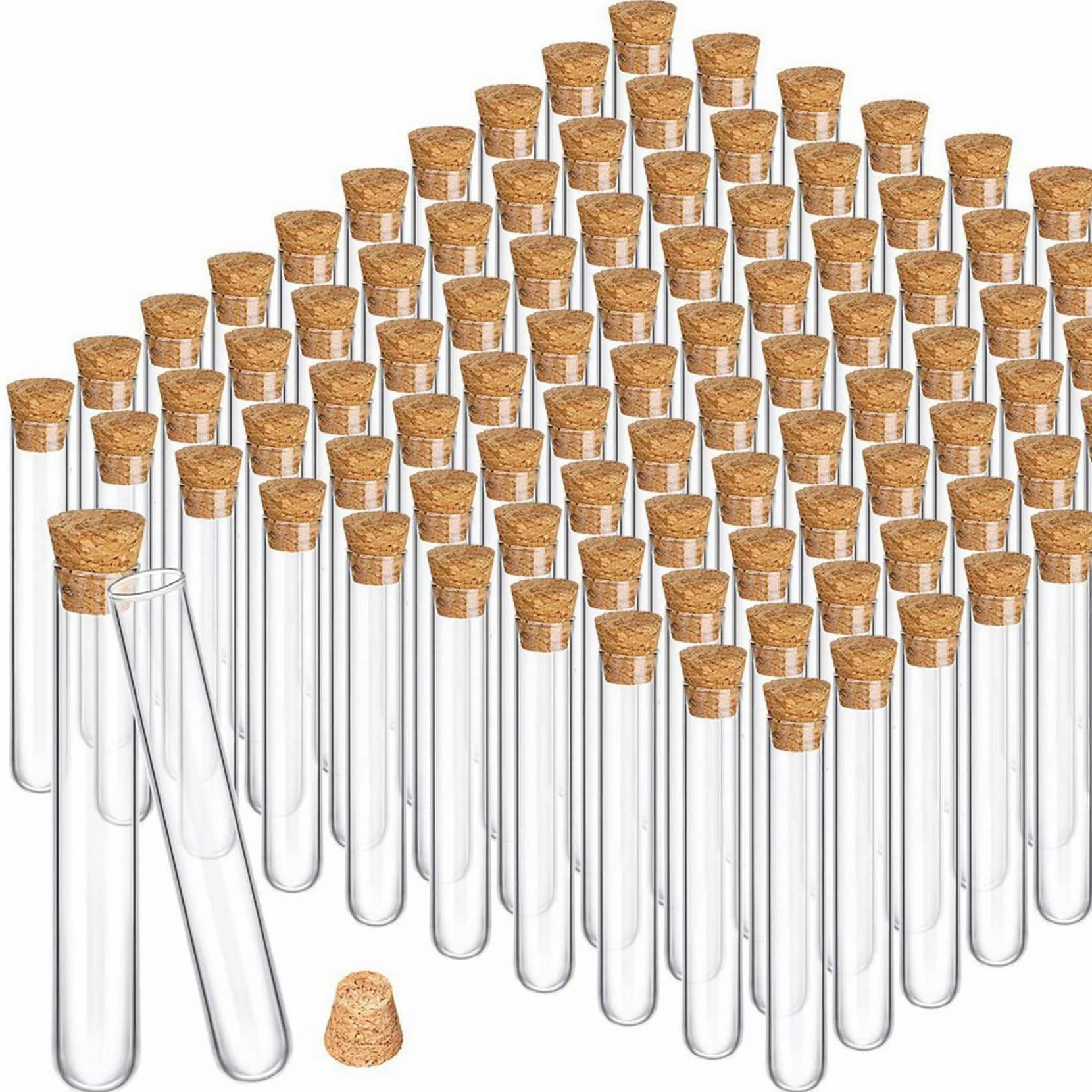 200 Tubos de Ensayo de Vidrio con Tapones Transparentes de Corcho, Contenedor de Tubos de Tampones de Alcohol para Prueba de Laboratorio de Fondo Redondo (15X100 Mm/13 Ml)