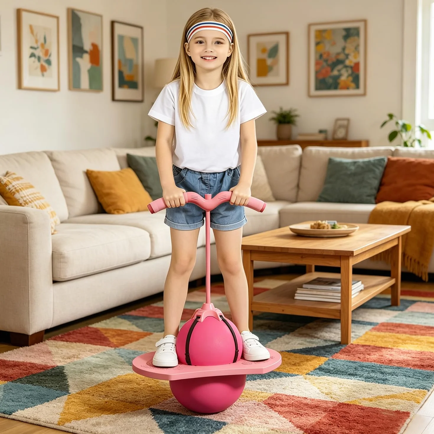 Pelota saltarina de equilibrio para niños con barra, juguete exterior rosa