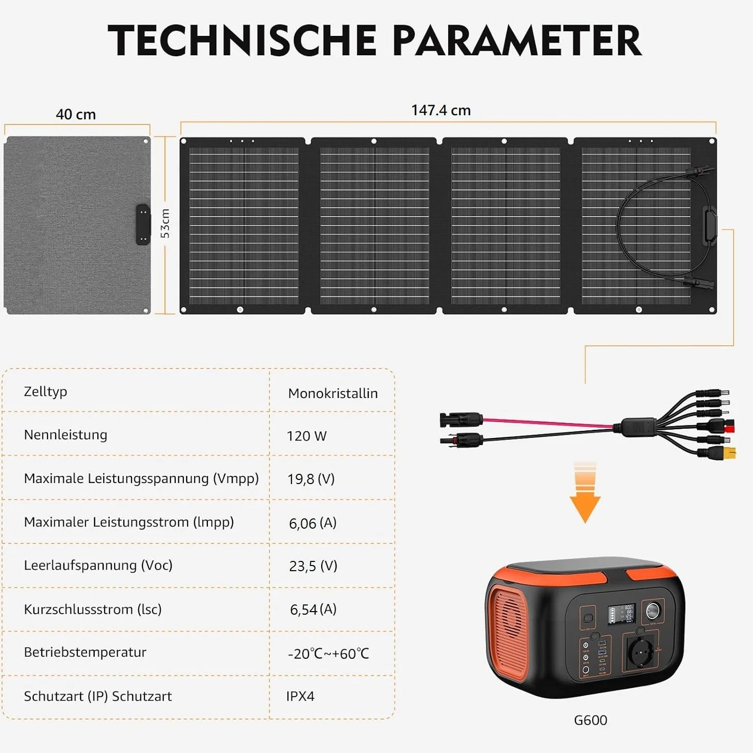 SinKeu Panel solar plegable de 120 W, cargador solar portátil con bolsa de transporte, resistente al agua con salidas MC4/Anderson/XT60/CC, 19,8 V, 6 A, ideal para estaciones de energía, generadores