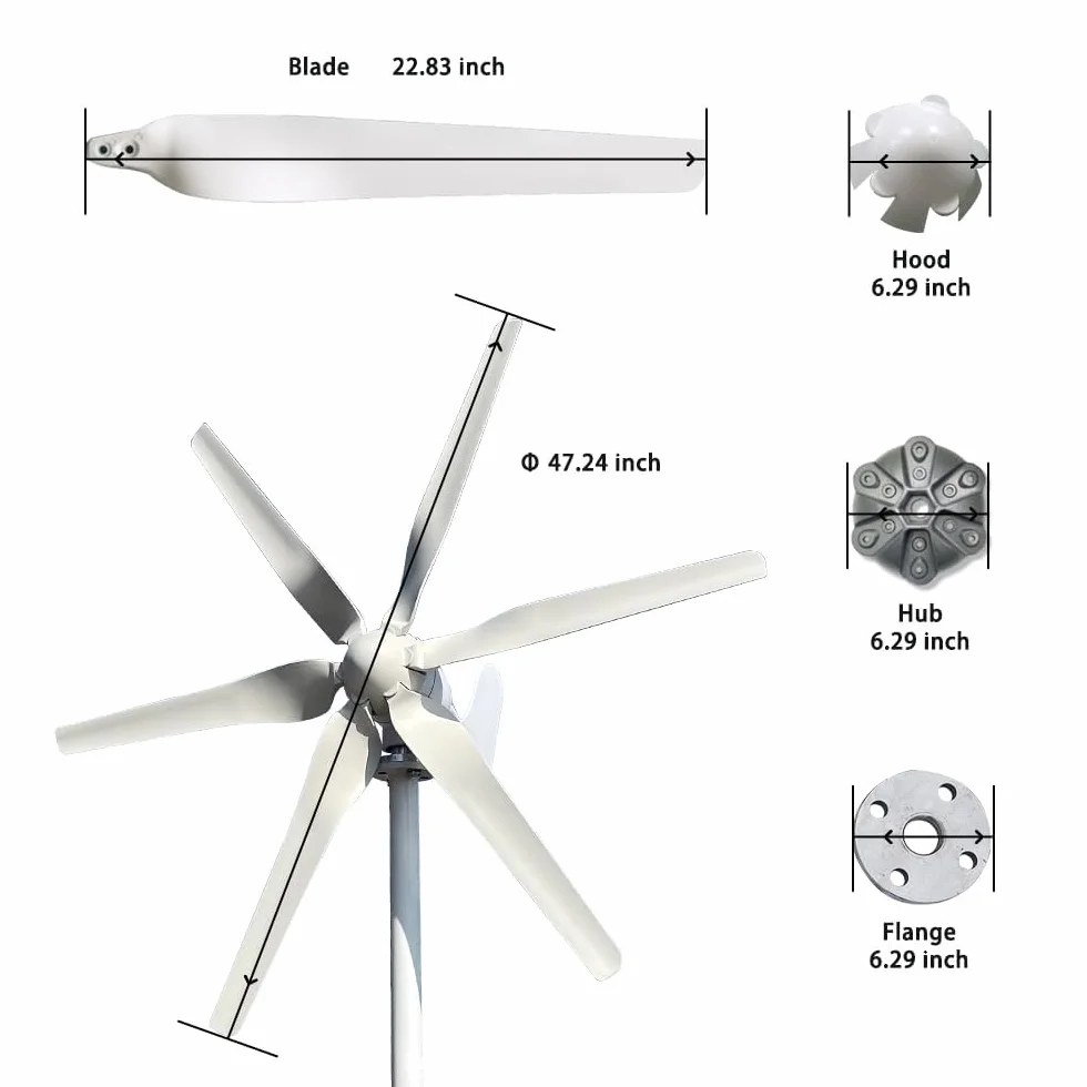 Generador Eólico 800W 12V 24V 48V, Turbina Eólica Horizontal de 6 Aspas con Controlador de Carga MPPT para Hogar (24, Voltios)
