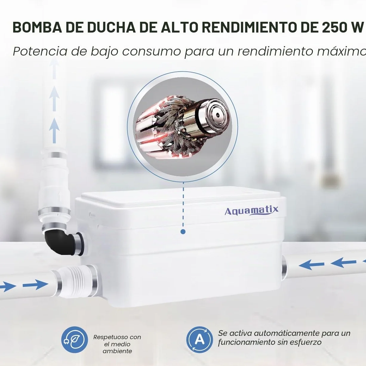 Aquamatix Duscha Bomba de ducha 250W Triturador Sanitario compacta 10m de distancia de bombeo vertical 135L/min para duchas, lavabos 2 entradas