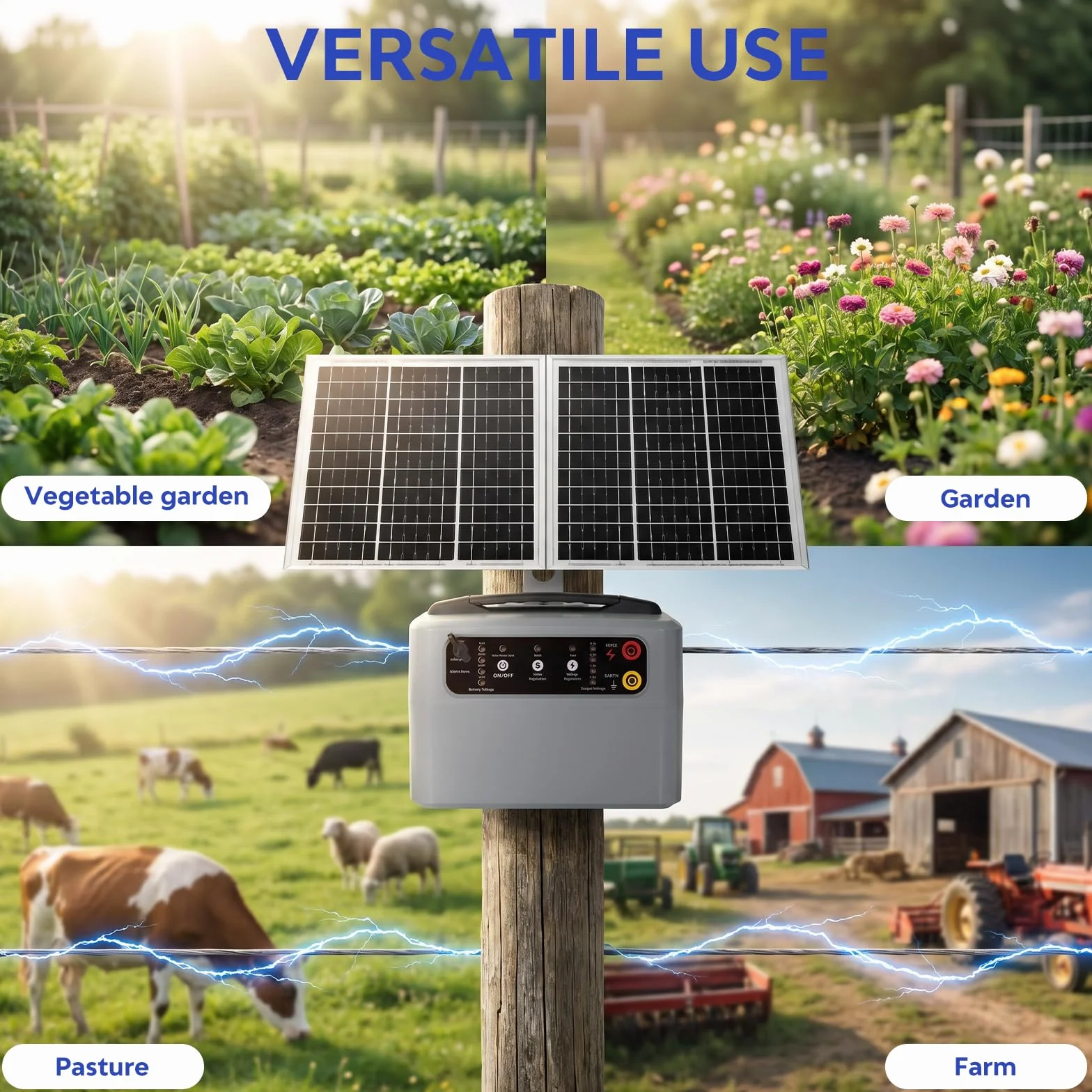 48 KM Pastor Electrico Solar, 0,3 J-1,5 J, 6 KV-12 KV Cerca Eléctrica Controlador con Panel Solar de 15 W, con Batería de Plomo-ácido Integrada de 12 V y 7 Ah, Apto para Ganado Ganado, Vacas(Gris)
