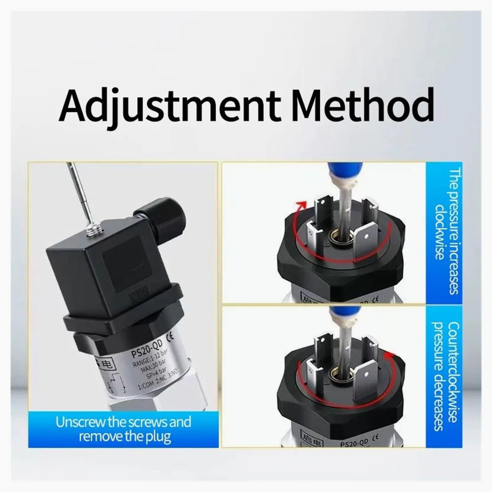 Presostato Ajustable de 0 a 400 Bar, 30 Bar, pistón de diafragma de Acero Inoxidable, Control de presión for Aceite y Agua.(4)