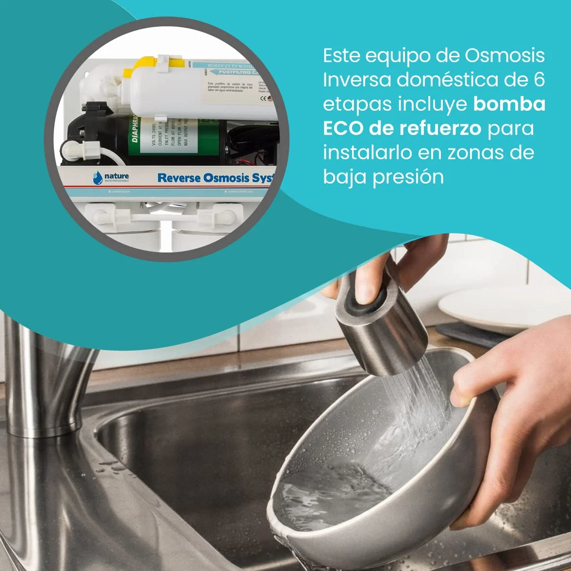 Equipo de Osmosis Inversa - Kit de Ósmosis de 6 Etapas - Capacidad para 5 L - Incluye Membrana de 100GPD, Depósito de Agua, Bomba ECO y Filtros - Nature Water Professionals