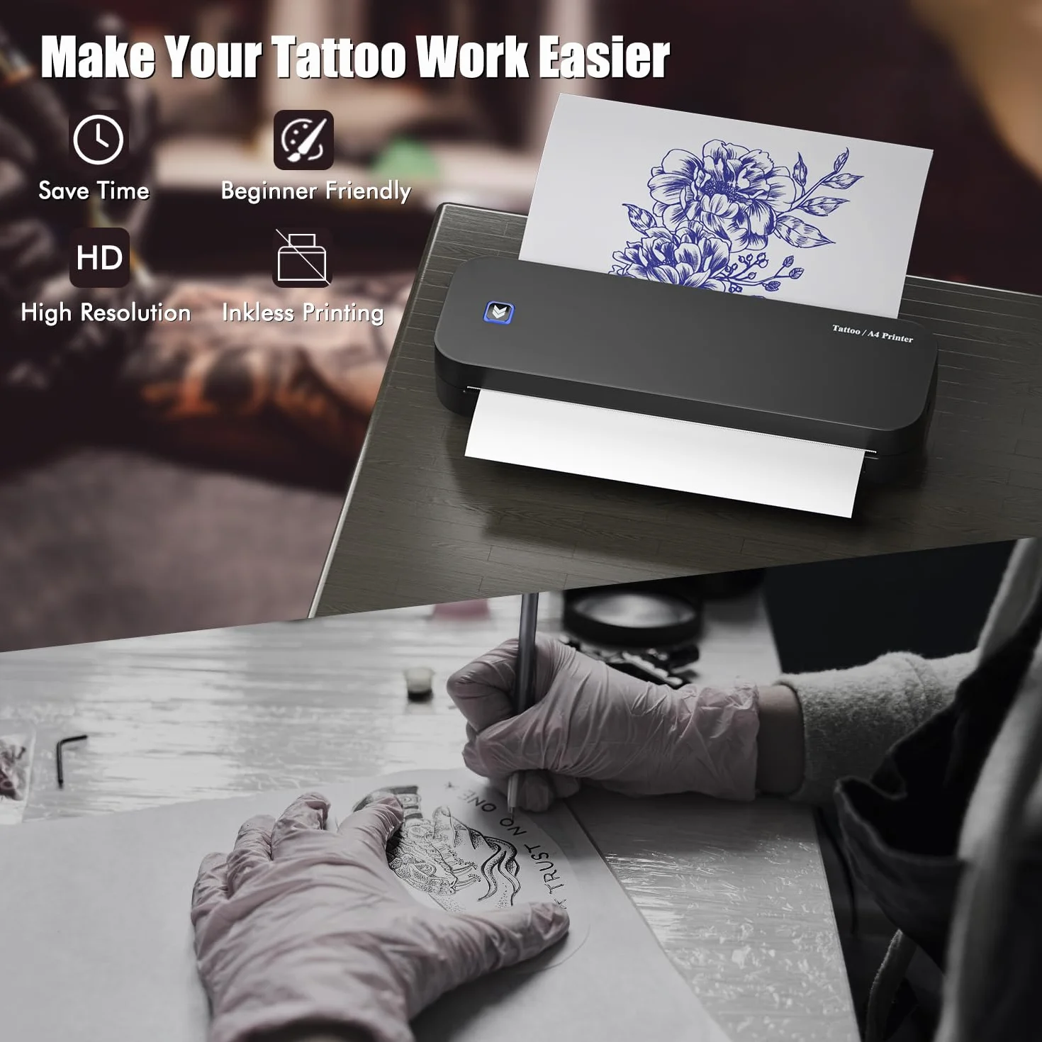 TATELF Termocopiadora Tattoo Bluetooth MP-8028 Impresora Térmica Tattoo, Impresora portatil inalambrica con 20 Papel Transfer Tattoo con iPad y Phone y PC