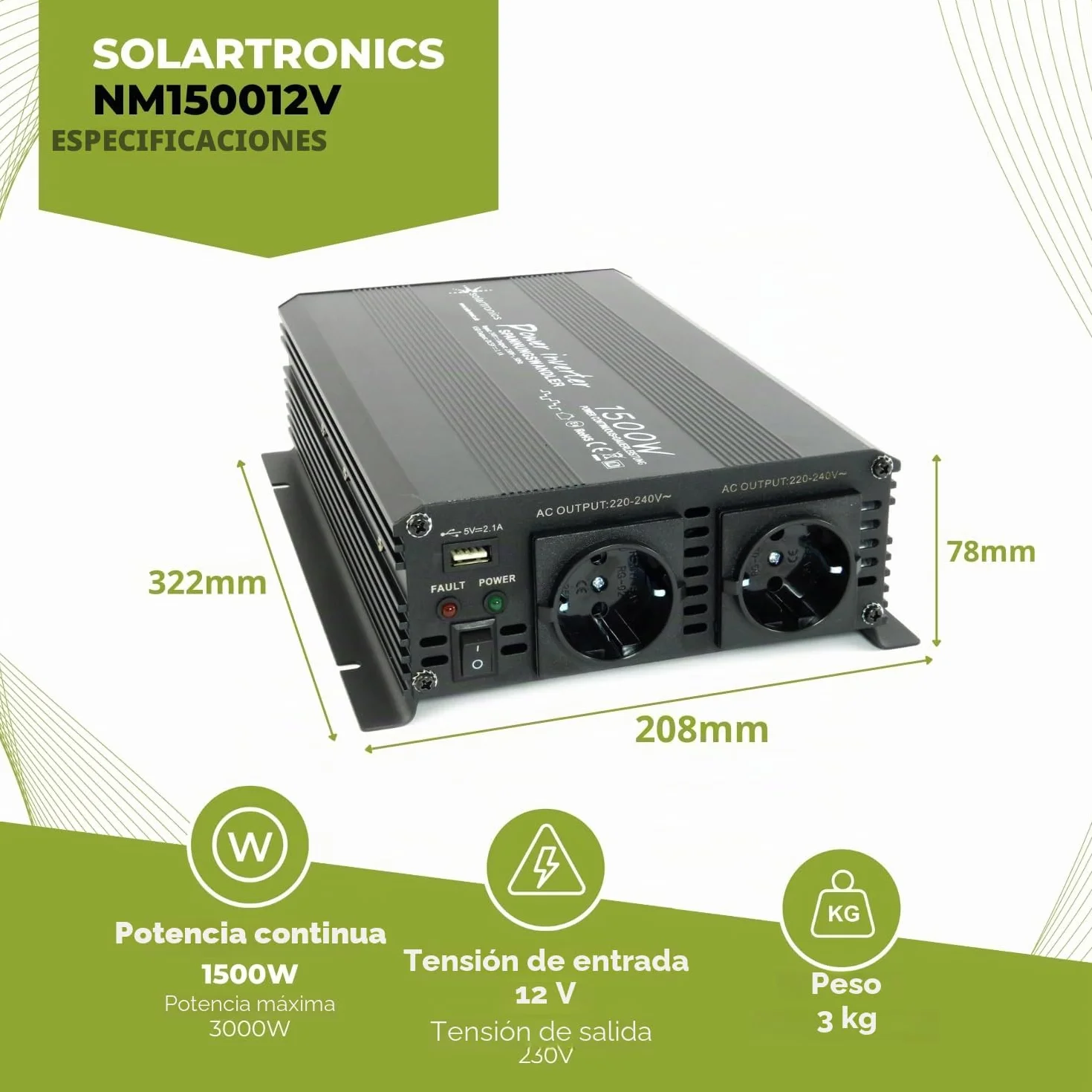 Convertidor de tensión 12 V 1500 3000 W 230 V - Inversor para la conexión móvil de electrodomésticos