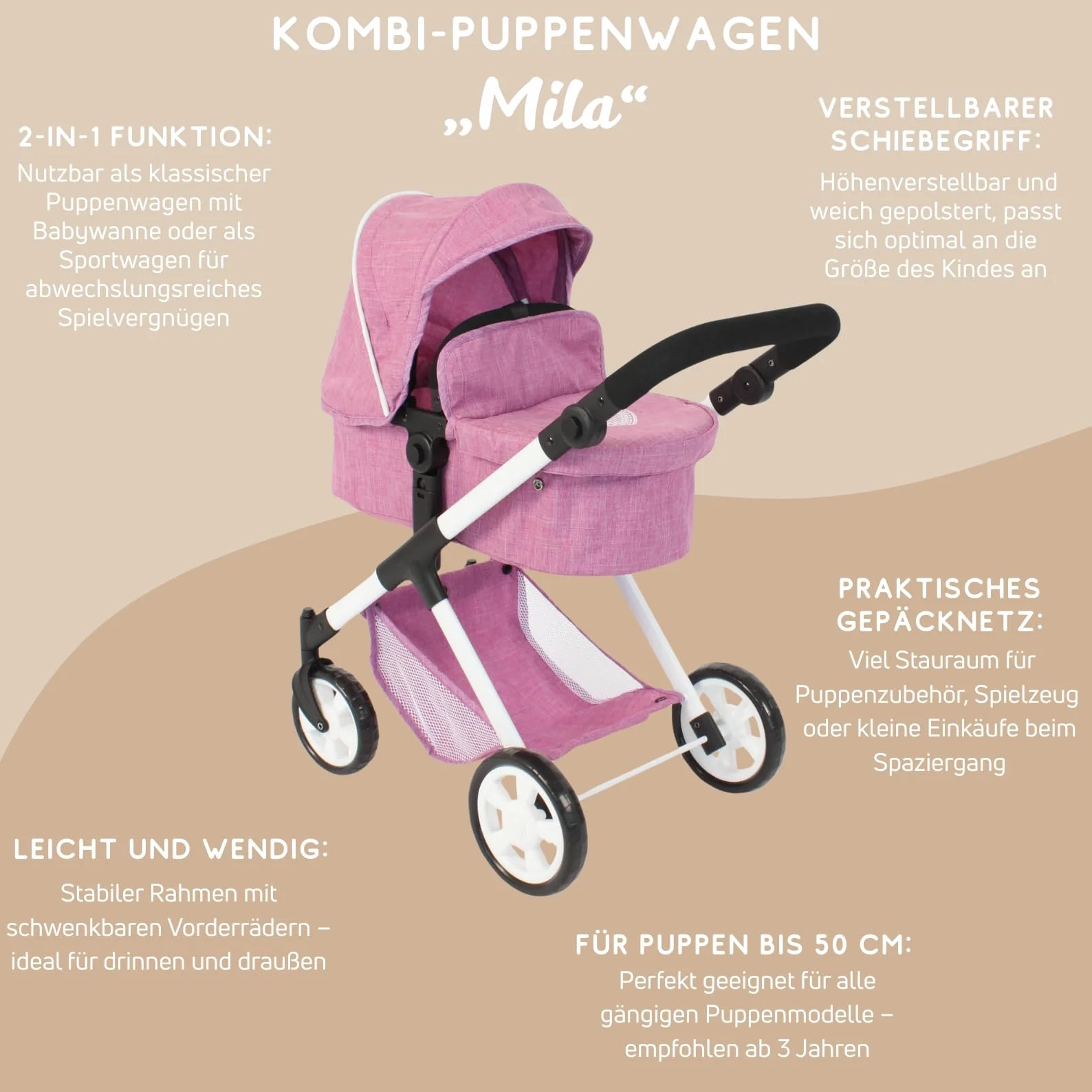 Bayer Chic 2000 Cochecito para muñecas Mila 2 en 1 Rosa Vaquero Mango Ajustable 39-72 cm 50 cm 3-7 años