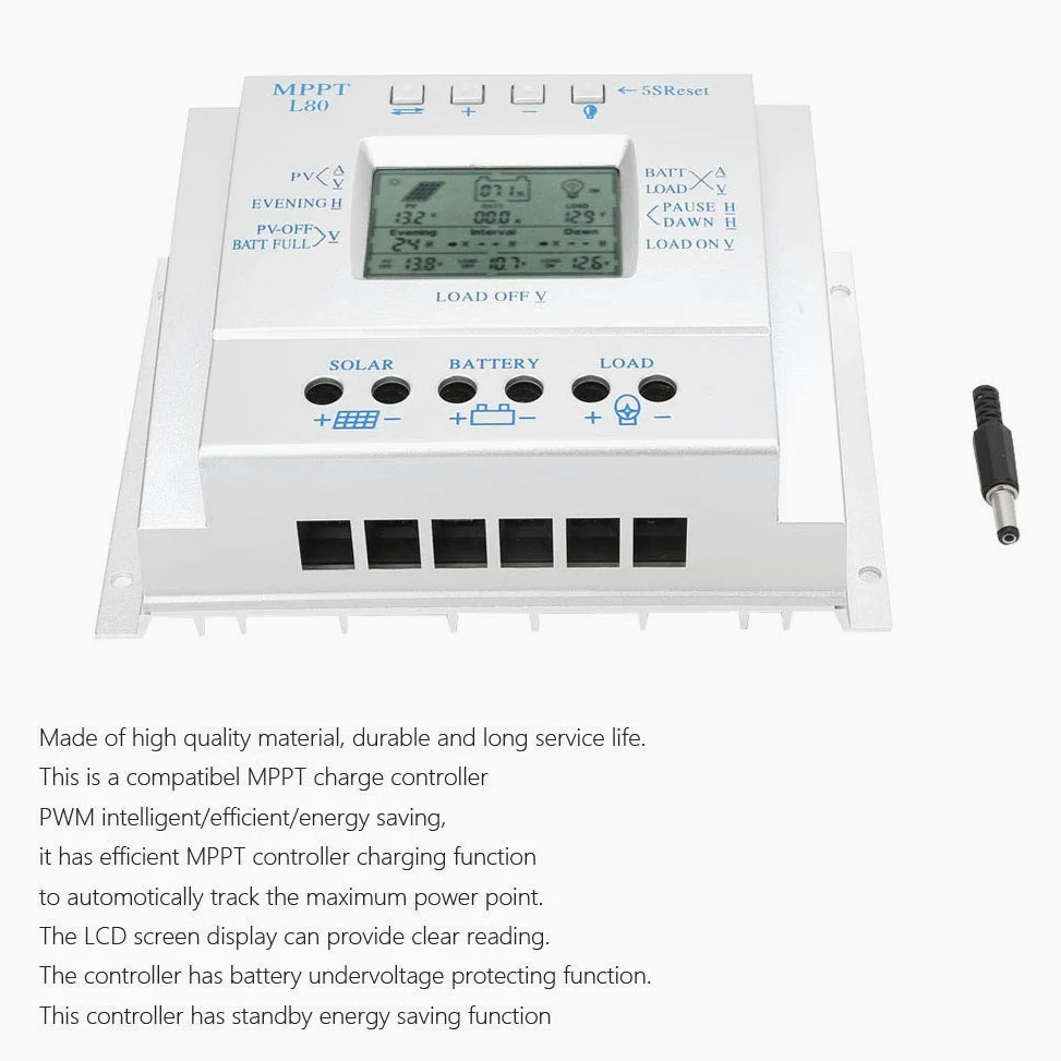 KIMISS Controlador de Carga Solar MPPT de 80 A para Sistemas de 12 V/24 V - Carga de Alta Eficiencia con Pantalla LCD
