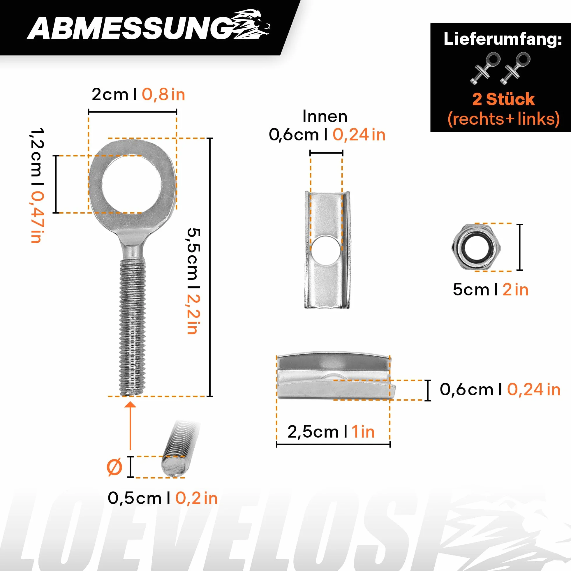 LOEVELOSI Juego de 2 tensores de cadena para bicicleta de acero galvanizado, BMX, velocidad única, rosca 3 cm, eje 12 mm