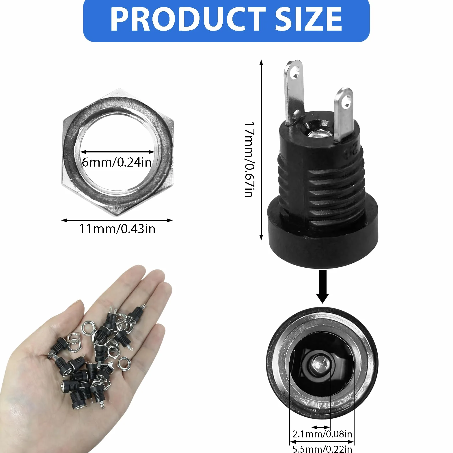 Conector de Alimentación DC 5,5 x 2,1 mm, Conectores Hembra CC de 2 Pines, 15 Piezas para Proyectos Electrónicos